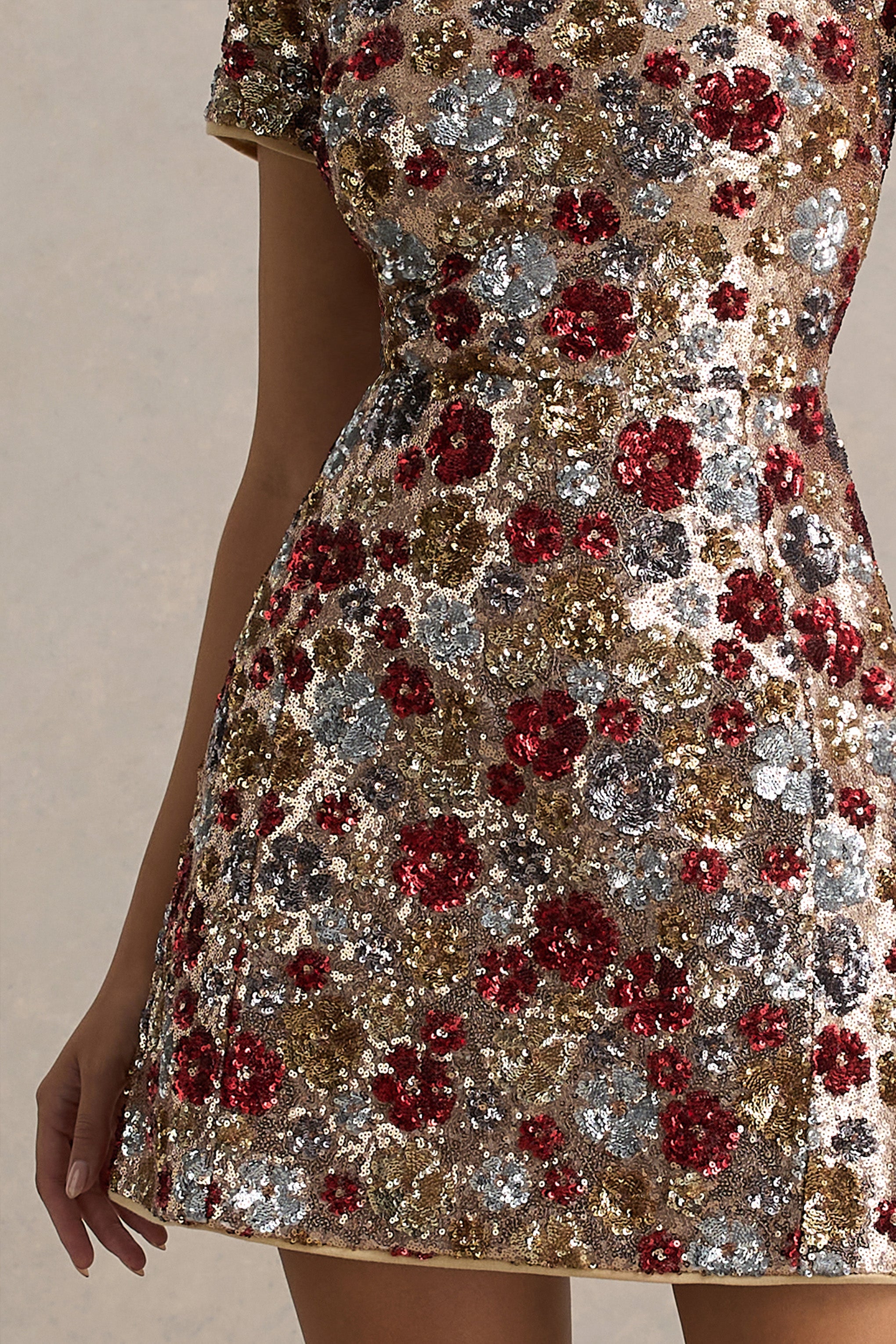 Eira | Red Floral Embellished Sequin Crew-Neck Mini Dress