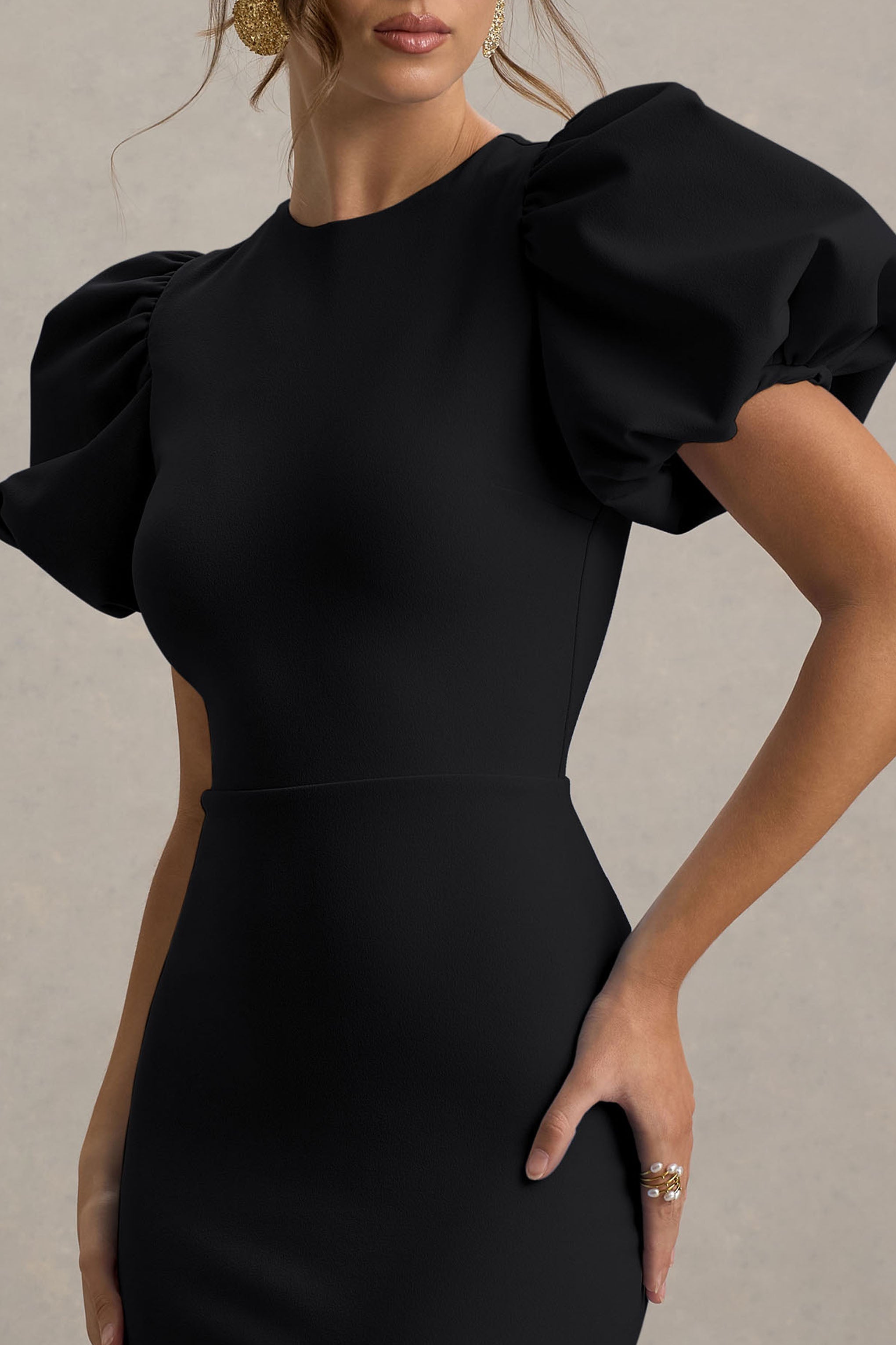 Dakota | Black Puff-Sleeve Midi Dress