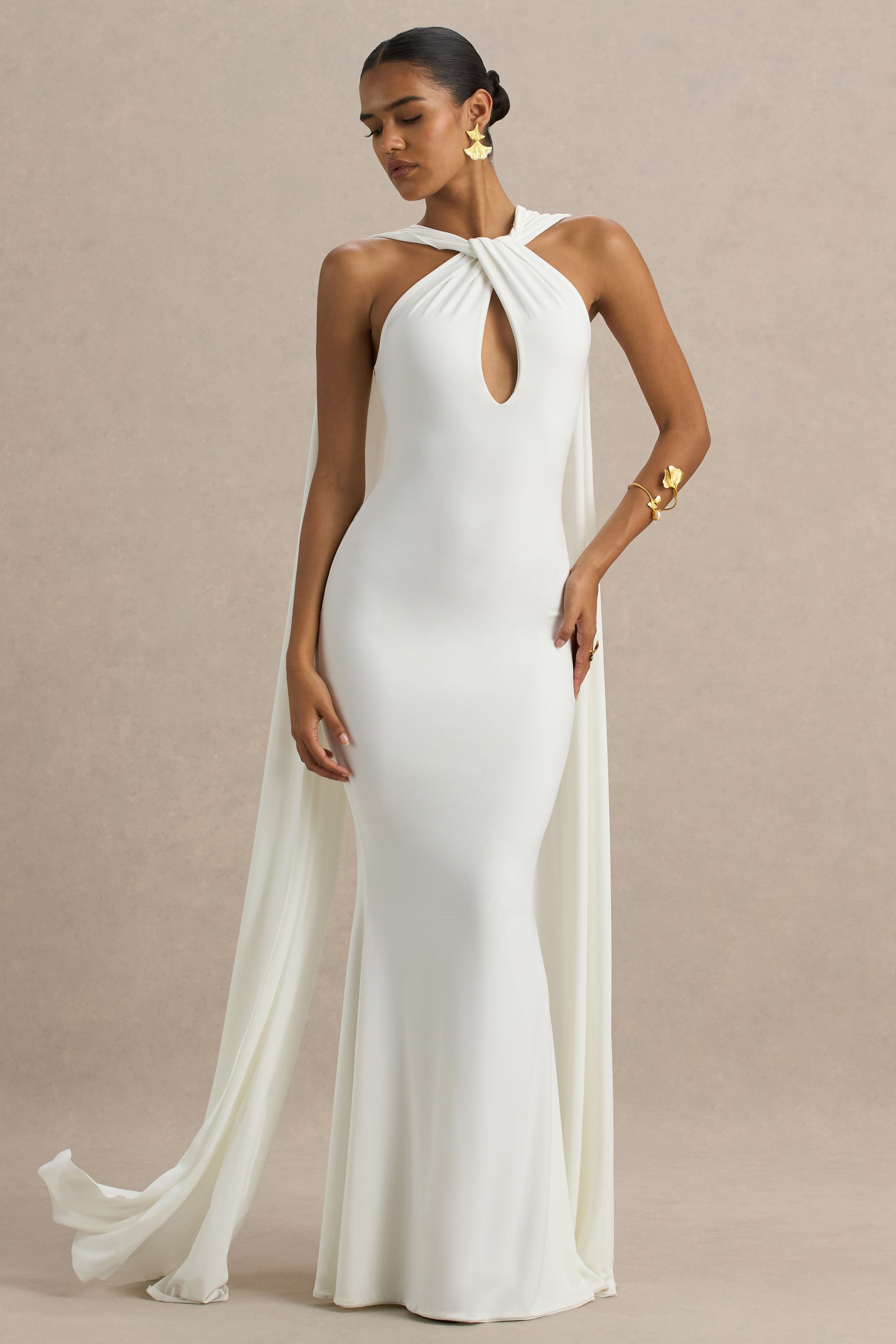 Rhoda | White Twist Halter-Neck Cape Maxi Dress