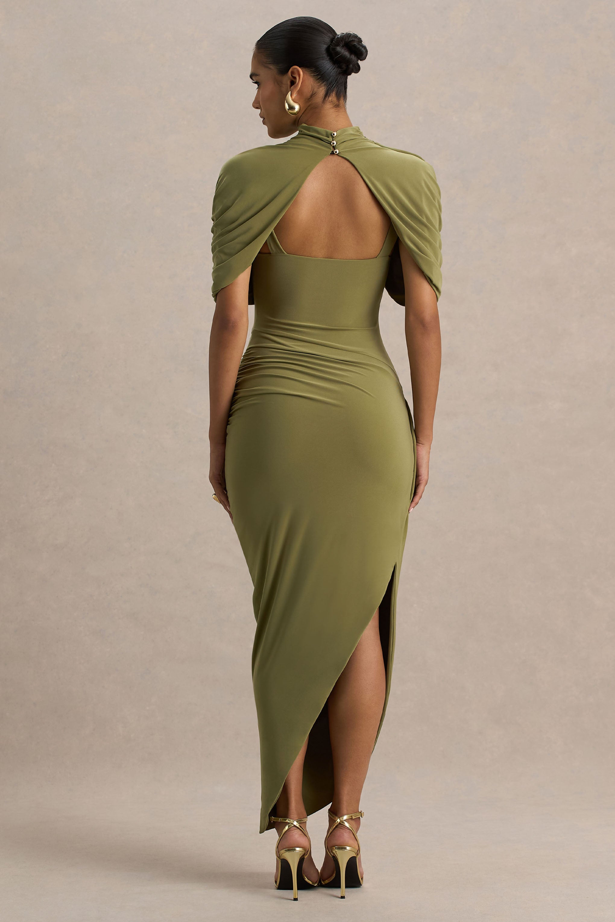 Enchant | Olive Asymmetric Twisted Cape Midi Dress