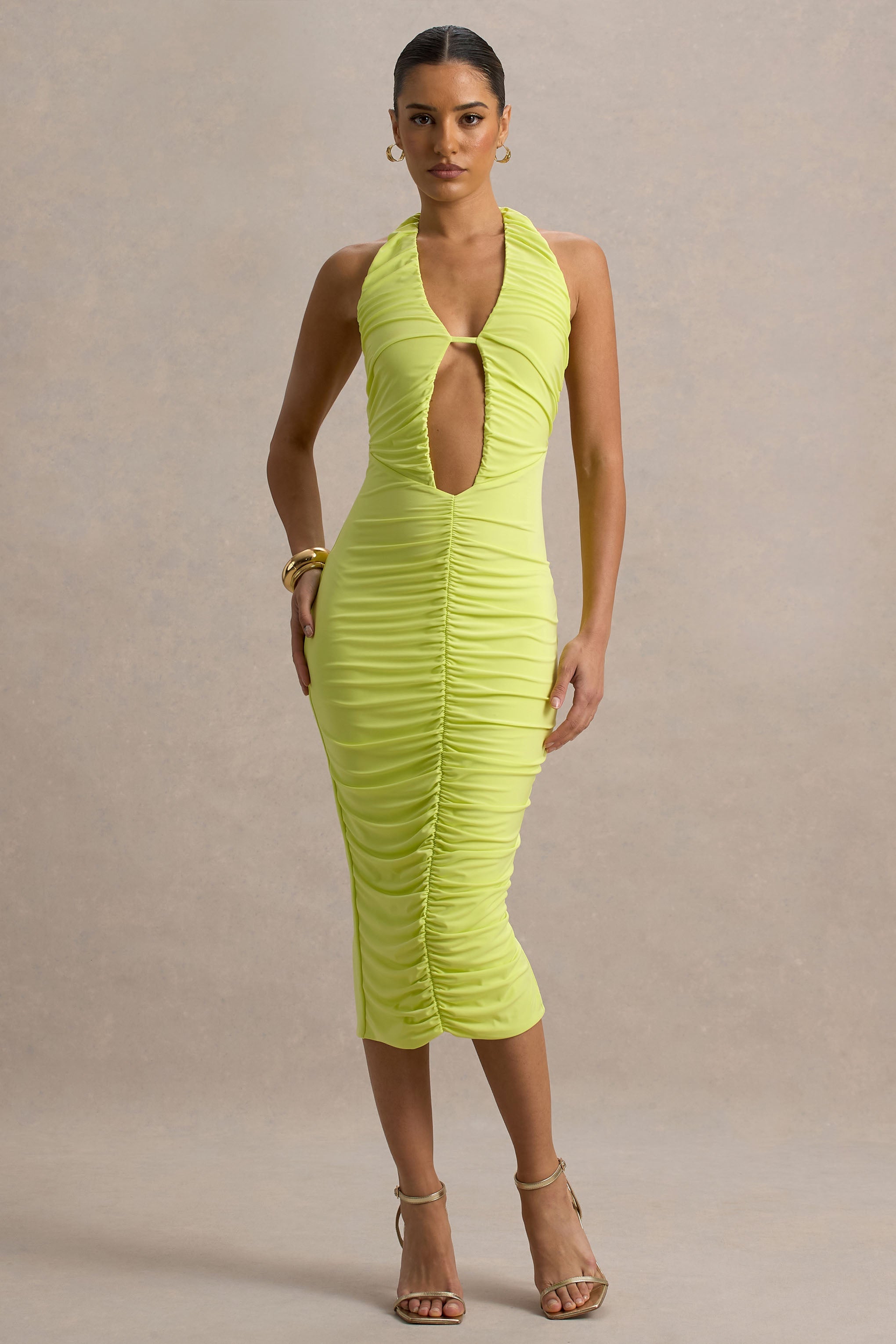 Anaisa | Lime Green Plunge Halter-Neck Midi Dress