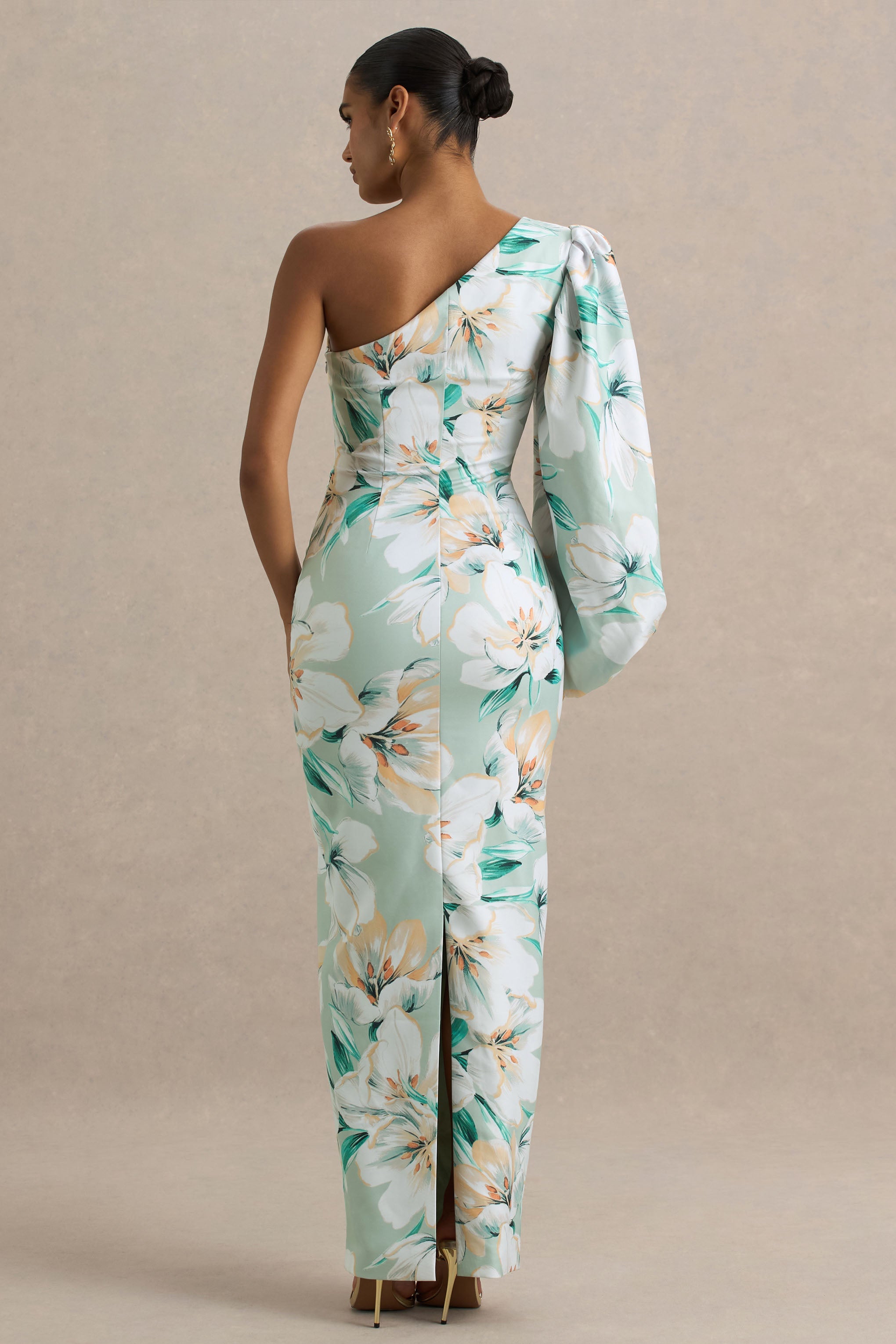 Kellis | Green Floral Print Asymmetric Maxi Dress With Balloon Sleeve