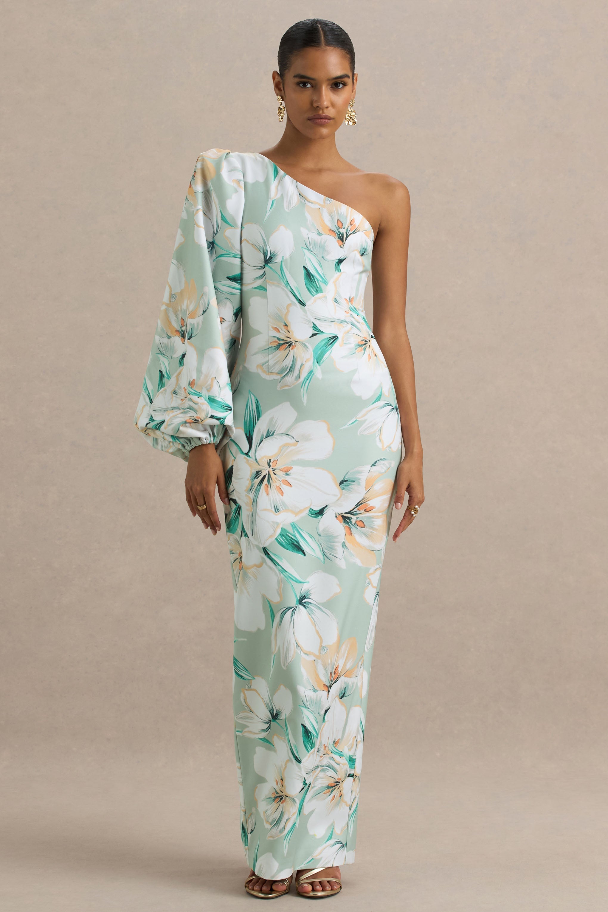 Kellis | Green Floral Print Asymmetric Maxi Dress With Balloon Sleeve