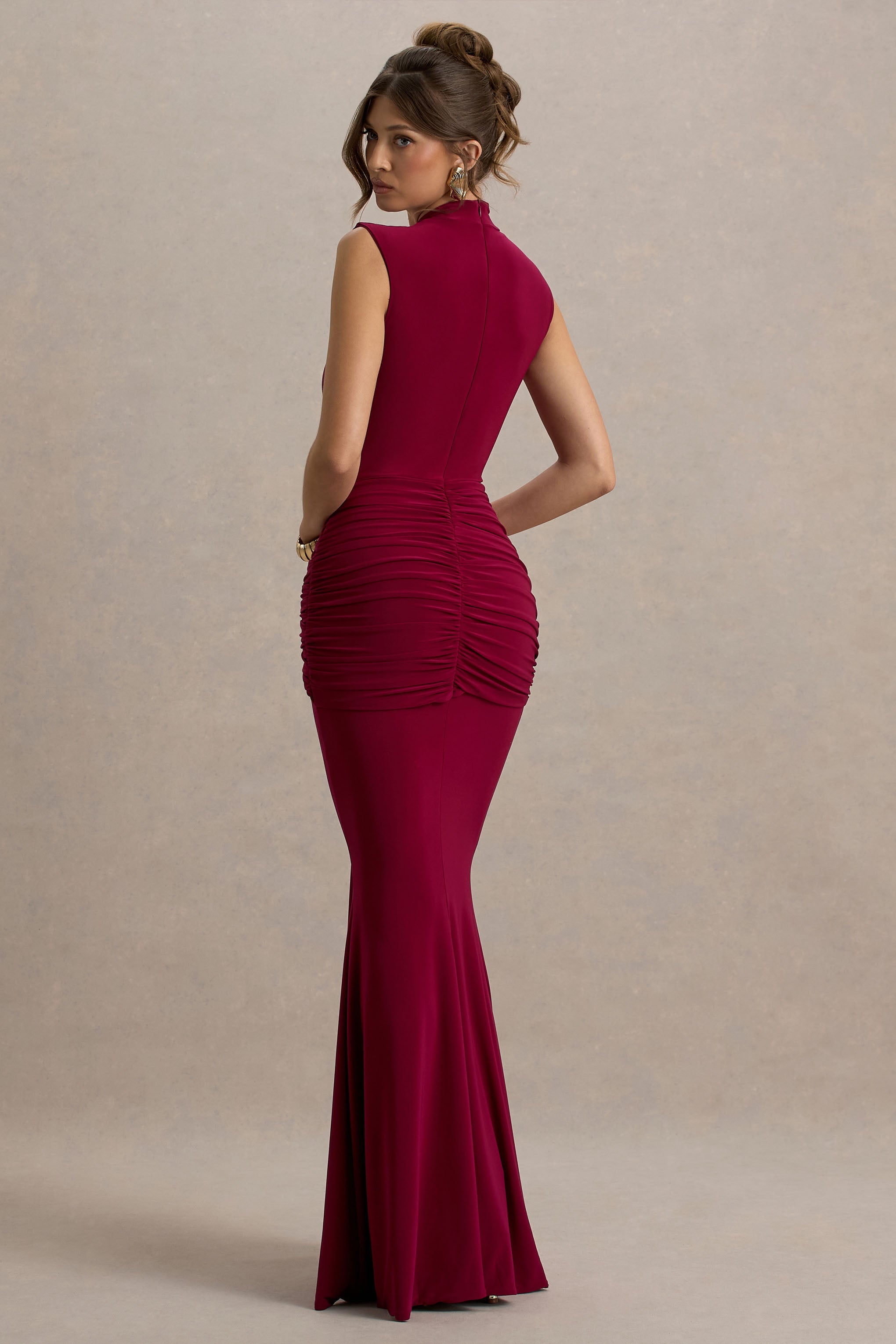 Graziana | Burgundy High-Neck Gathered Draped Maxi Dress
