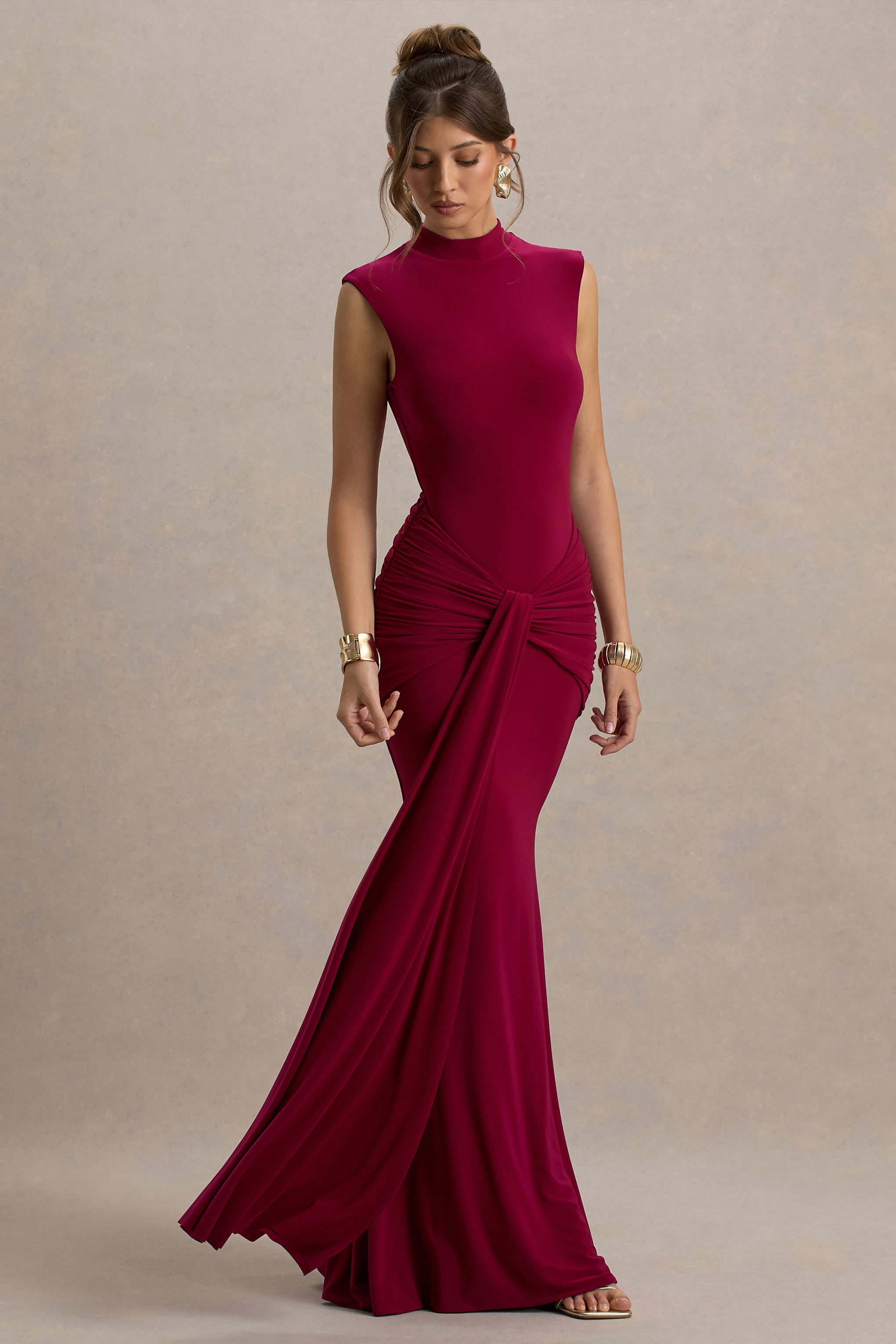 Graziana | Burgundy High-Neck Gathered Draped Maxi Dress