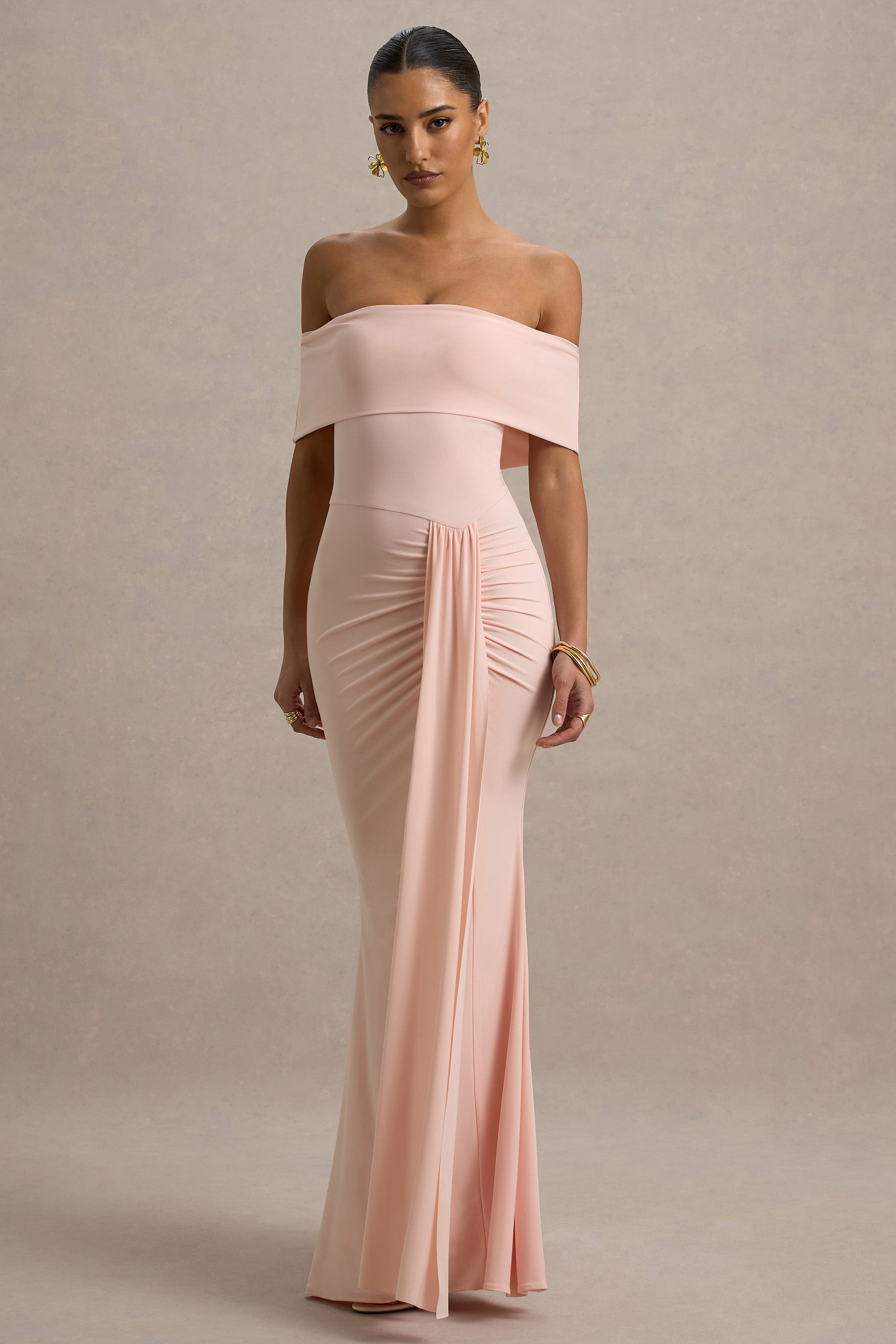 Delma | Pink Bardot Maxi Dress With Drape Detail