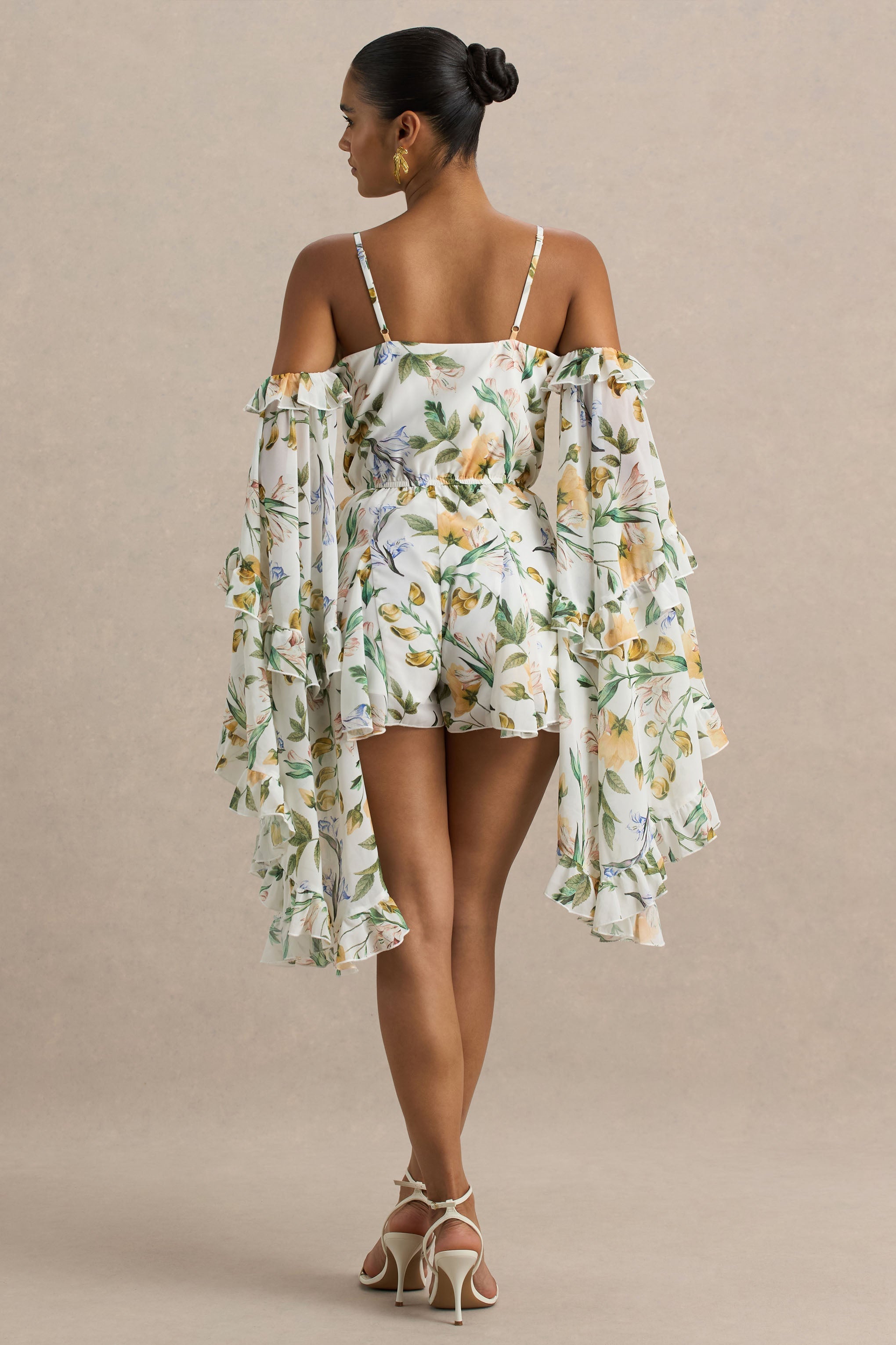 Anaya | White Botanical Print Chiffon Playsuit With Long Sleeves