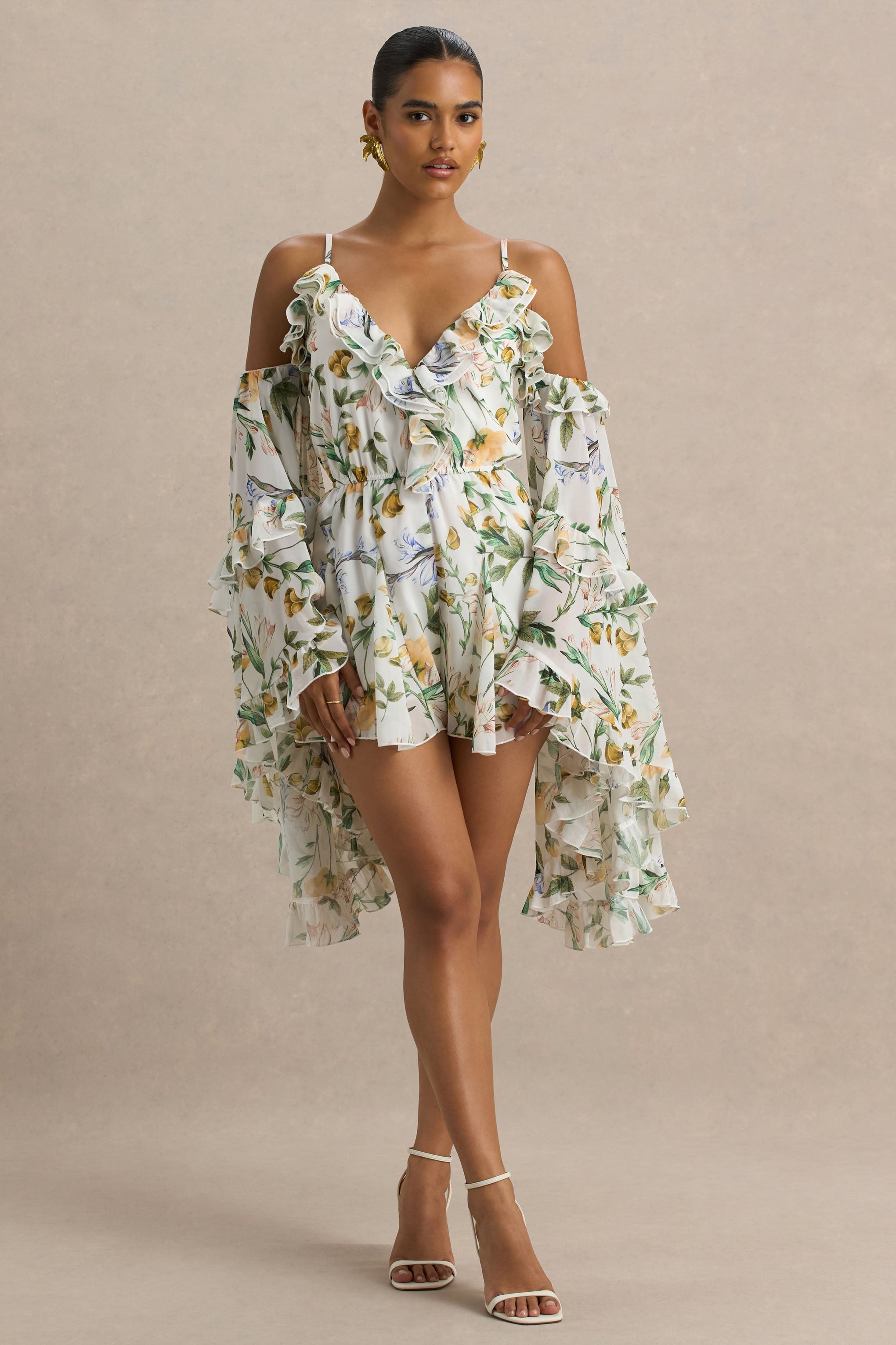 Anaya | White Botanical Print Chiffon Playsuit With Long Sleeves