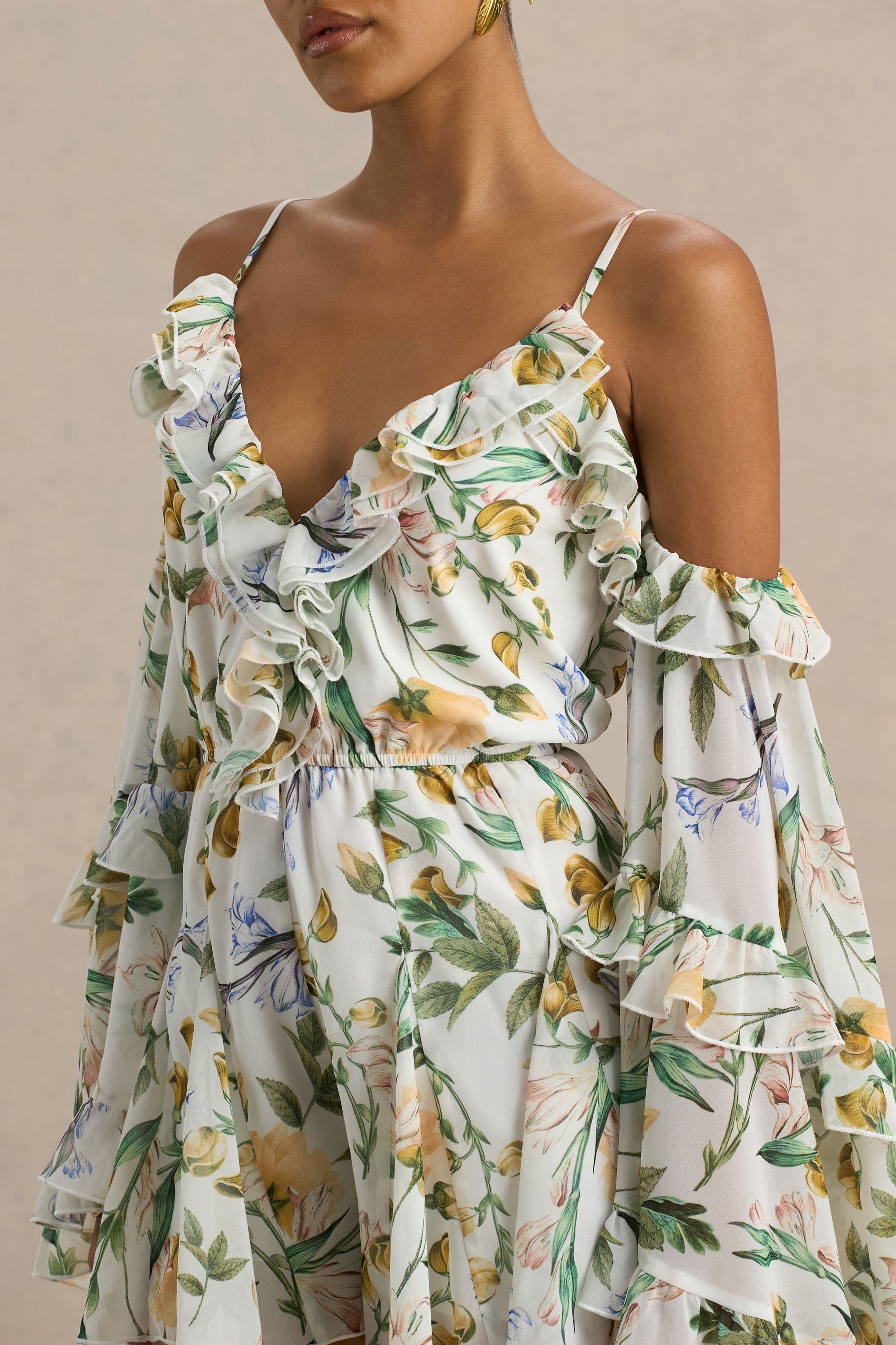 Anaya | White Botanical Print Chiffon Playsuit With Long Sleeves