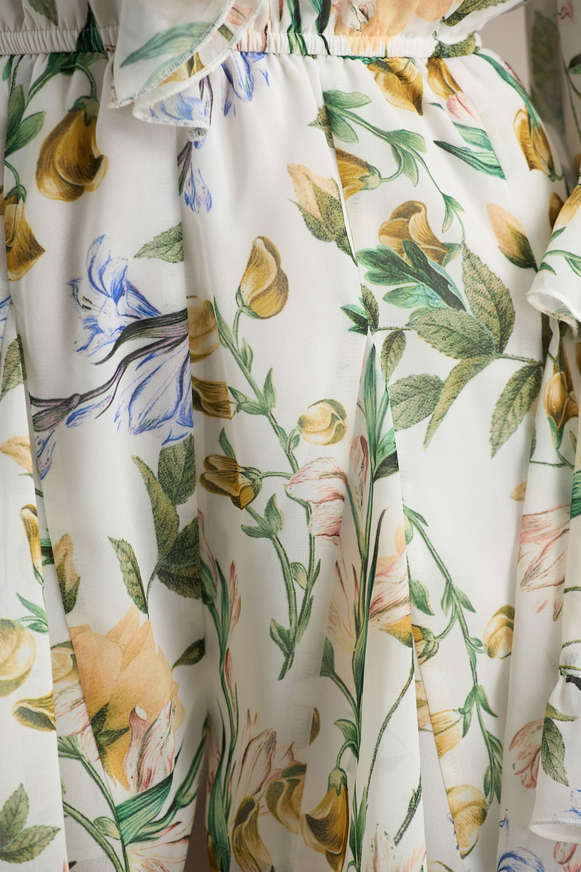 Anaya | White Botanical Print Chiffon Playsuit With Long Sleeves