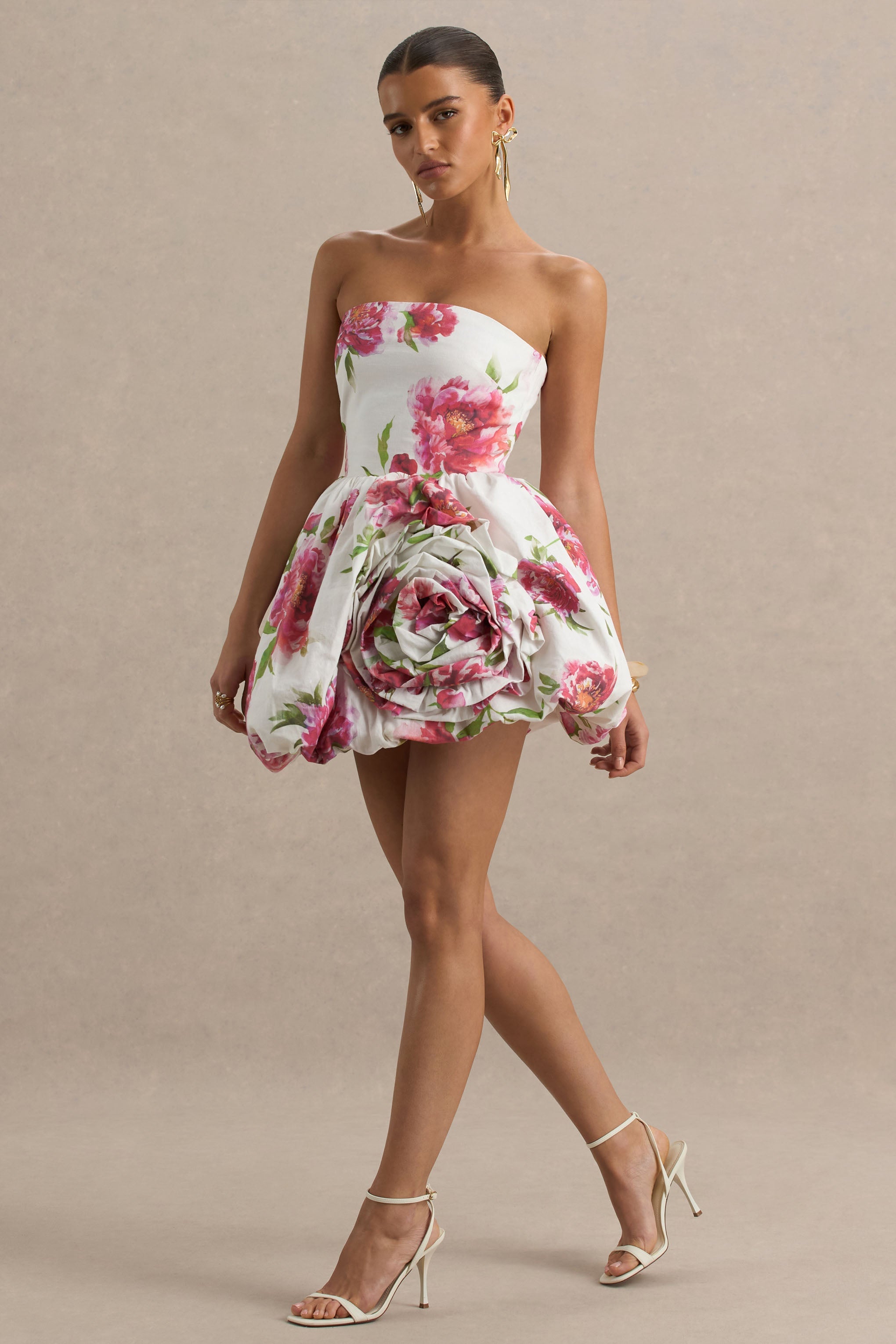 Adira | Cream Floral Print Bandeau Puffball Mini Dress With Ruffle Detail