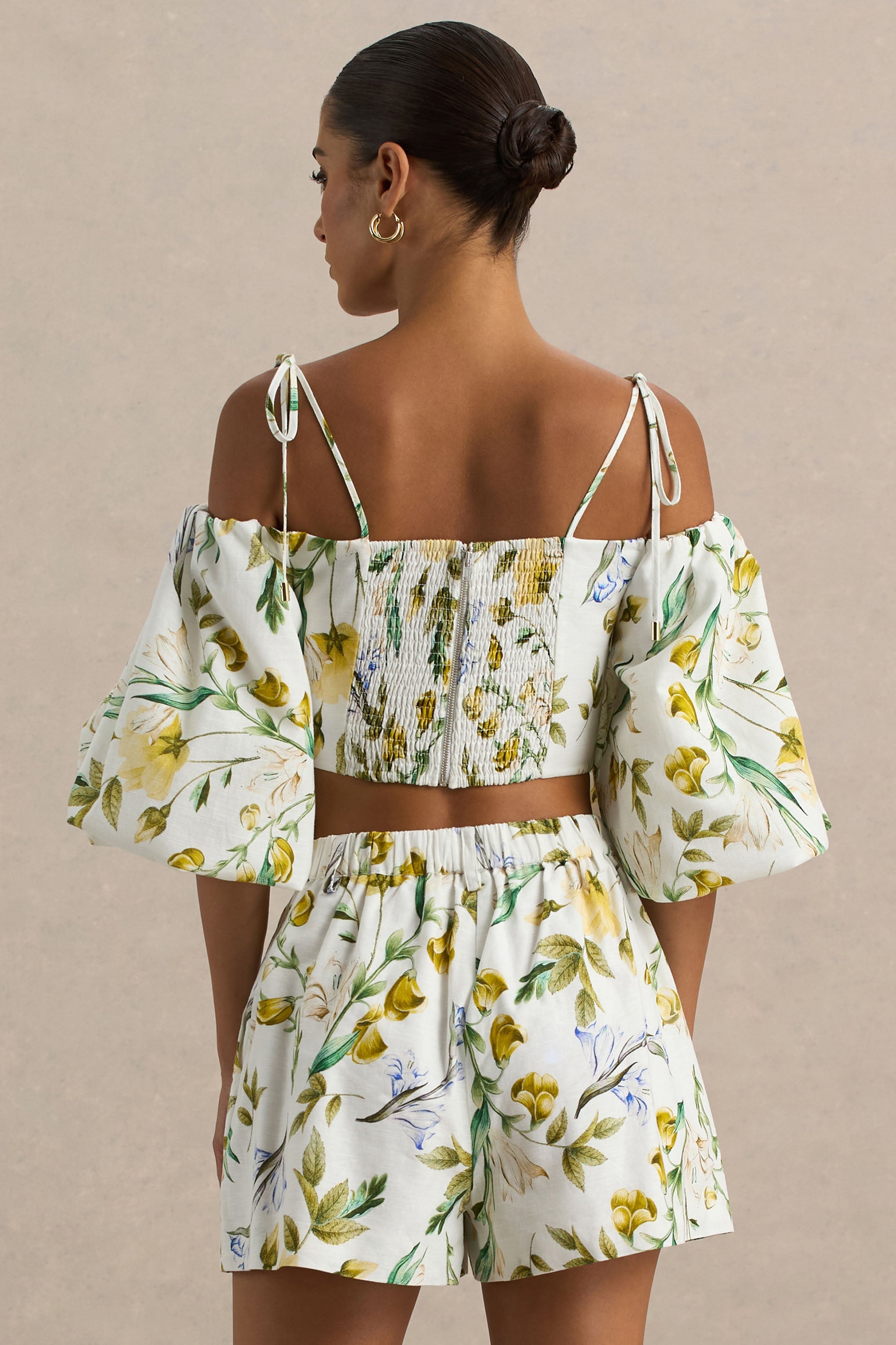 Amberly | White Botanical Print Plunge-Neck Ruffled Crop Top