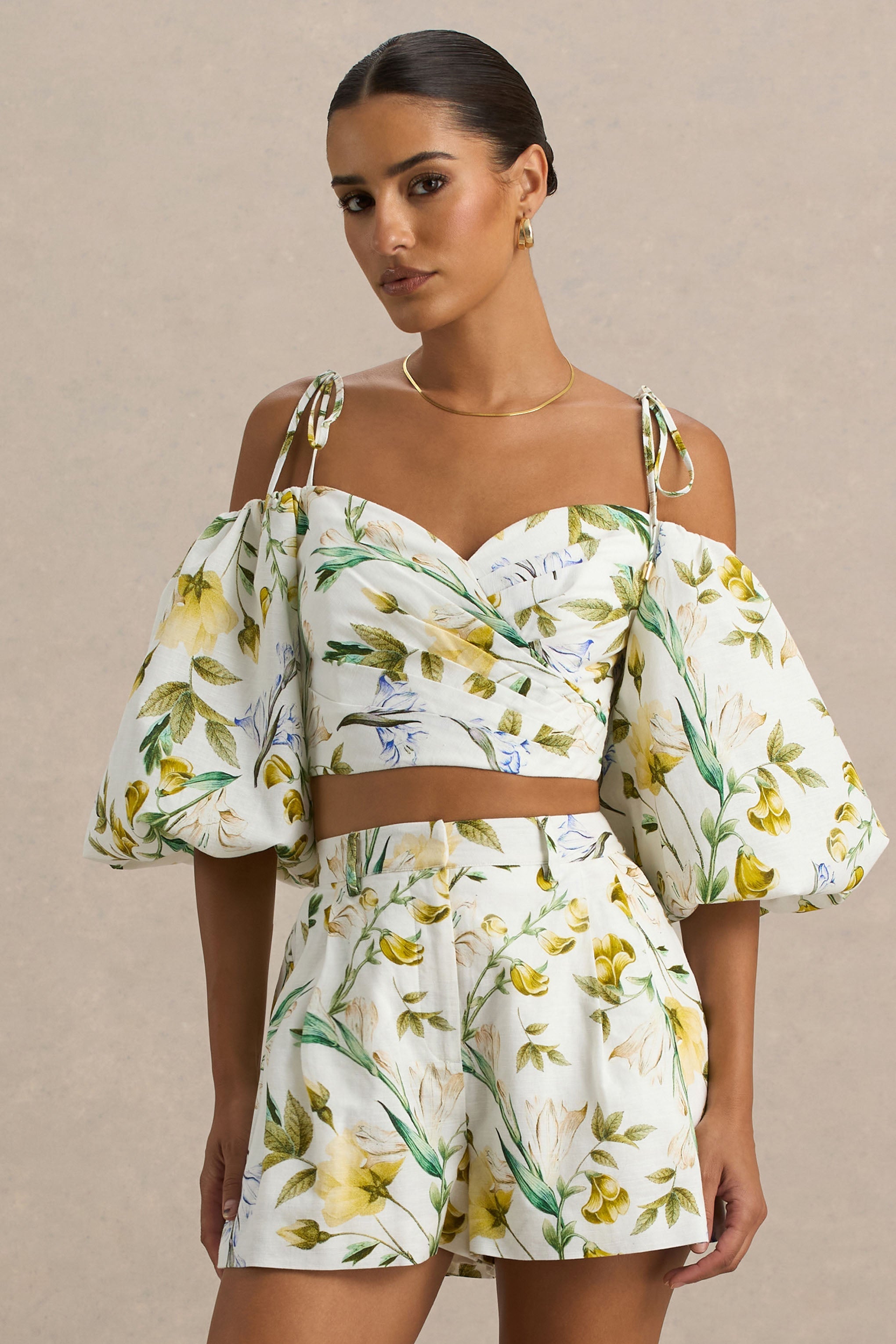 Amberly | White Botanical Print Plunge-Neck Ruffled Crop Top