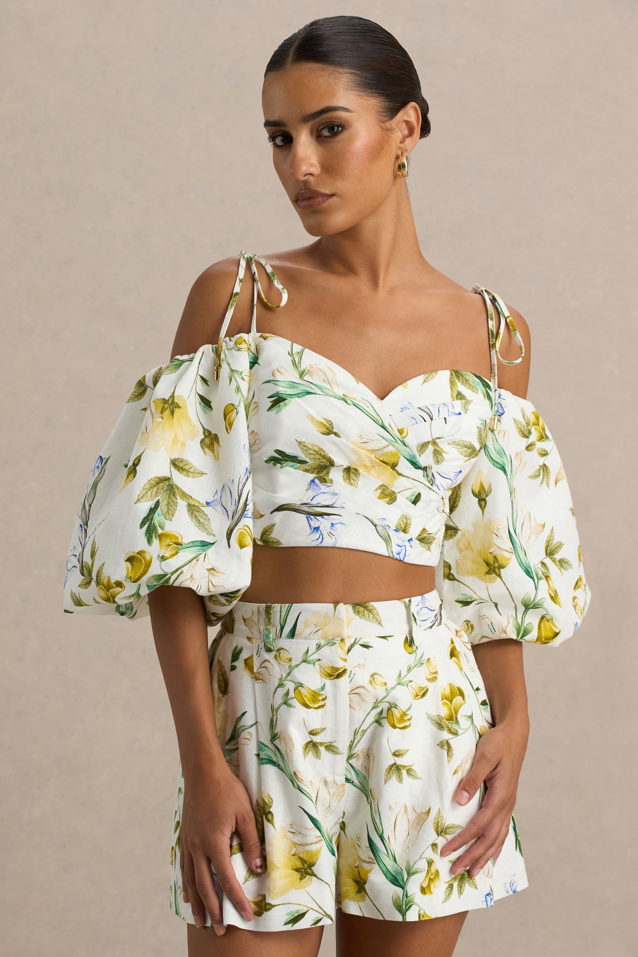 Amberly | White Botanical Print Plunge-Neck Ruffled Crop Top
