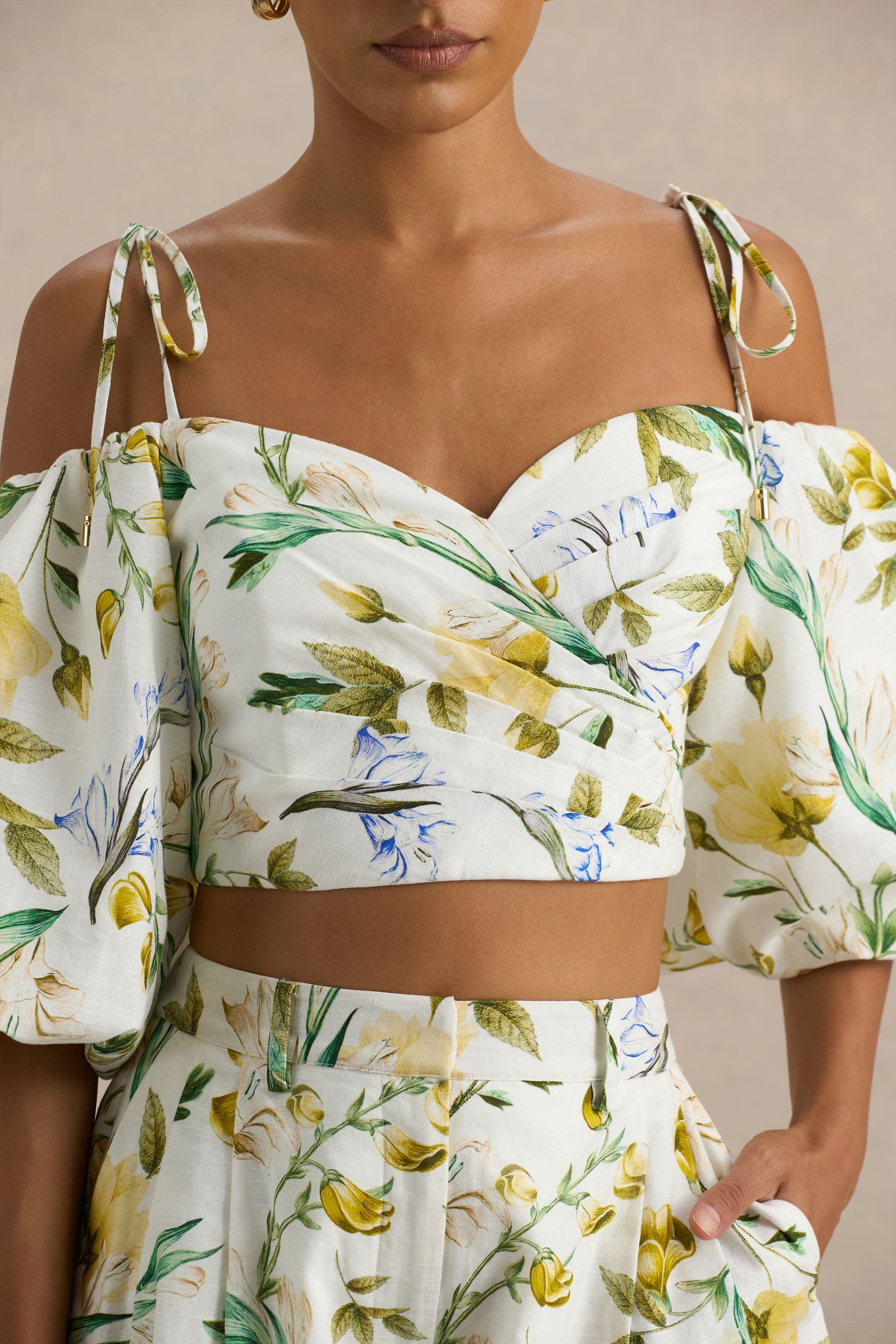 Amberly | White Botanical Print Plunge-Neck Ruffled Crop Top