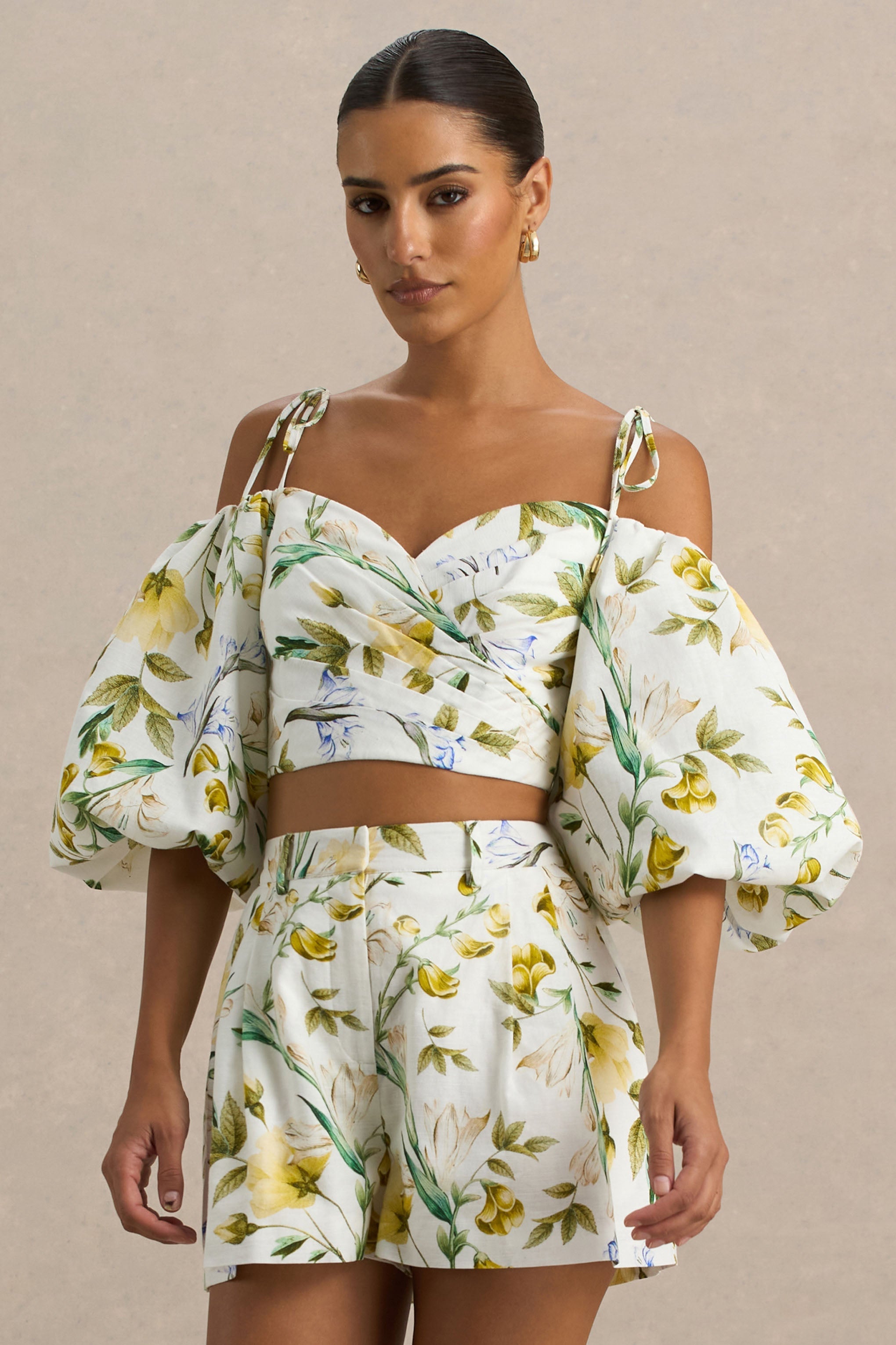 Amberly | White Botanical Print Plunge-Neck Ruffled Crop Top