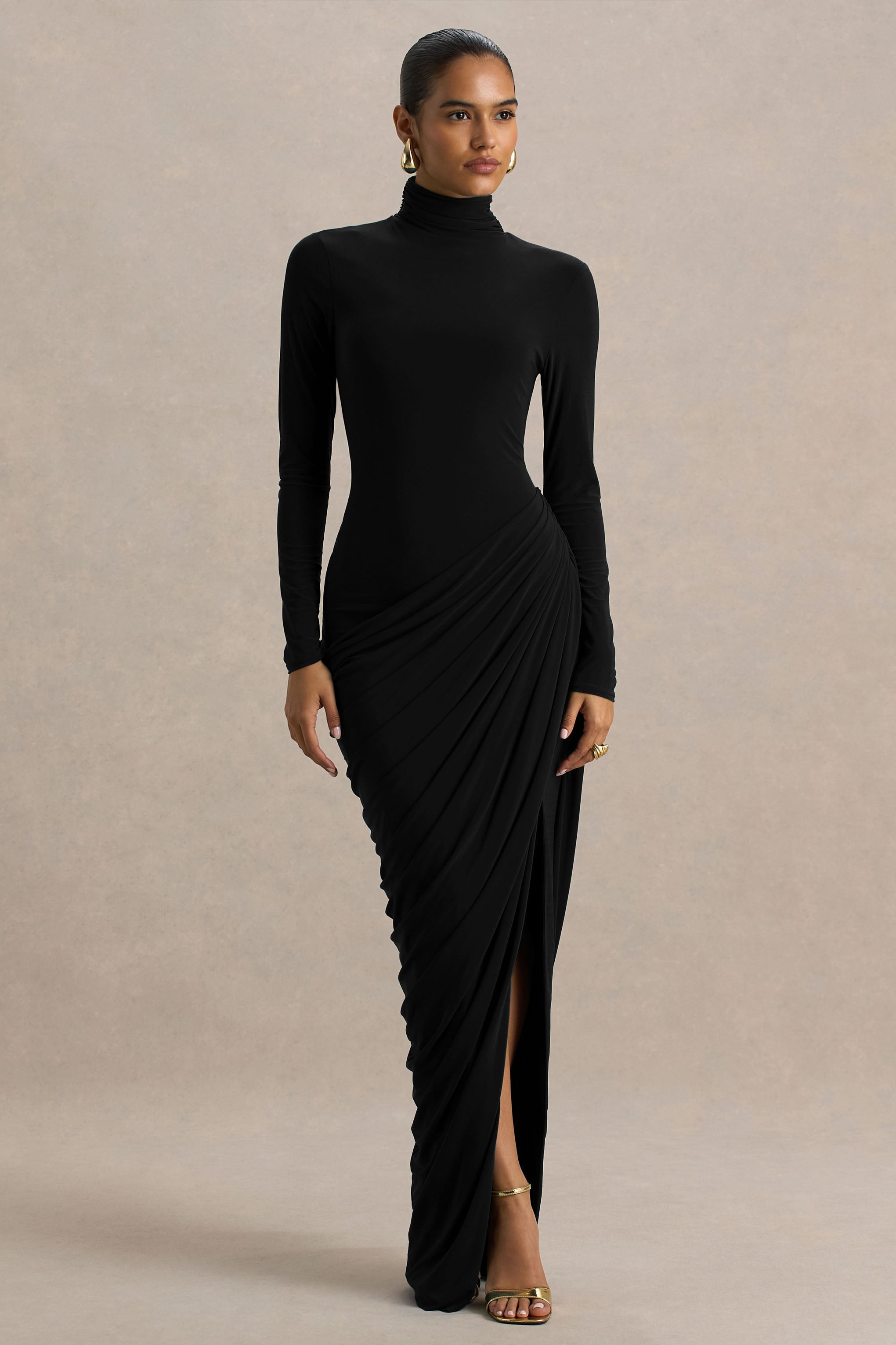 Betsy | Black High-Neck Maxi Dress With Front Split And Ruched Detailing