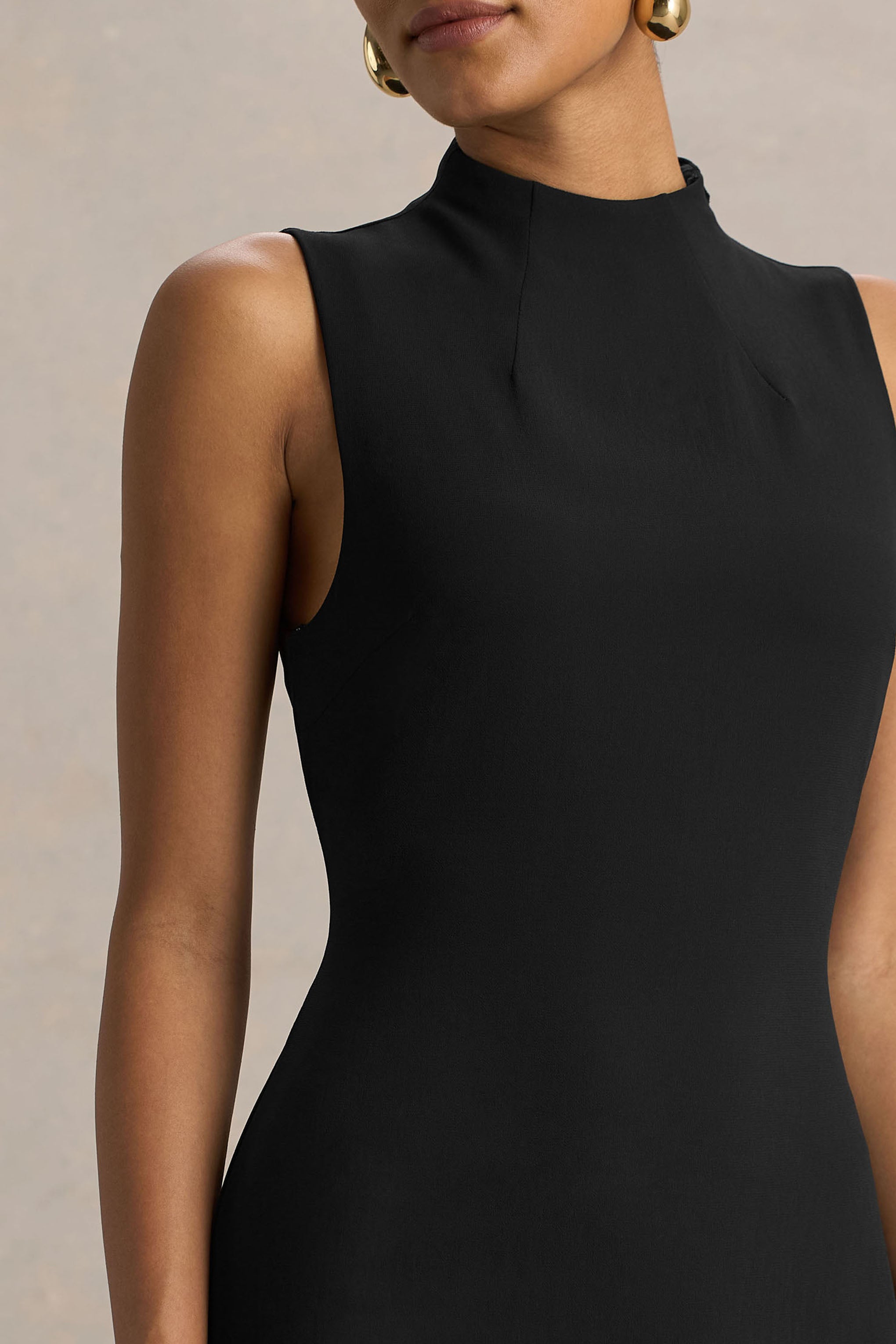 Unpredictable | Black High-Neck Maxi Dress With Back Cape Detail