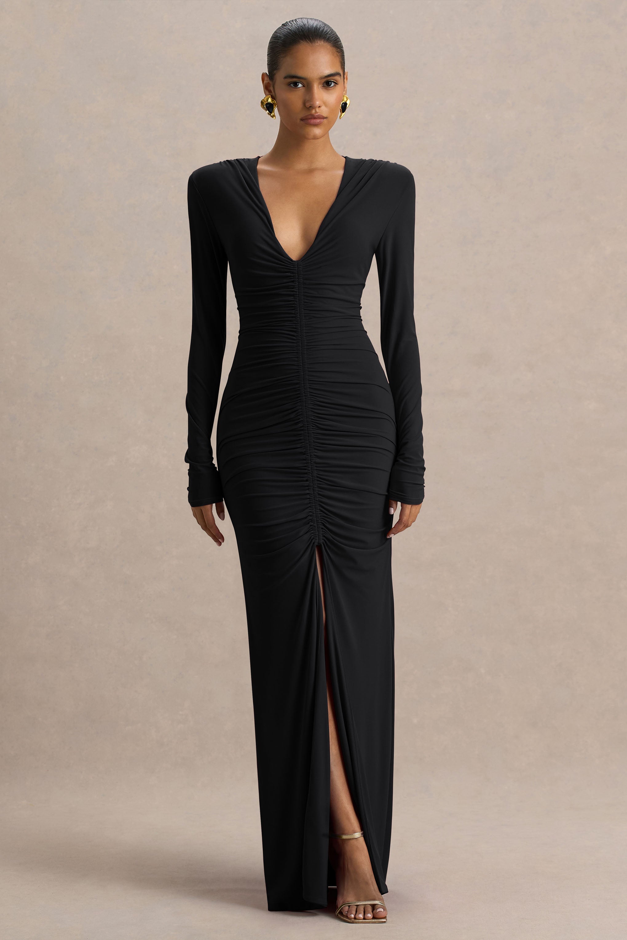 Jewel | Black Plunge-Neck Maxi Dress With Front Split and Ruched Detailing