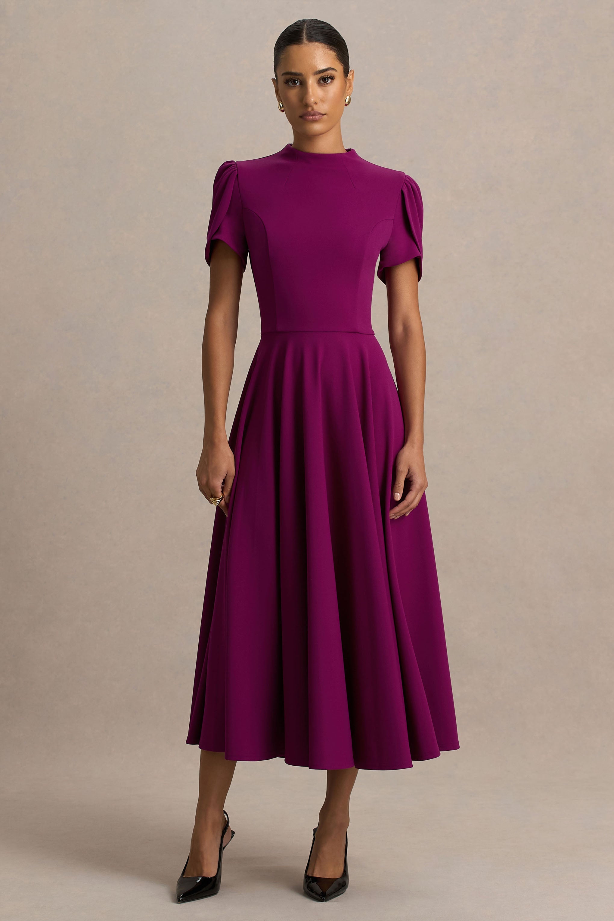 Vicky | Mulberry High Neck Midi Dress With Puff Sleeves