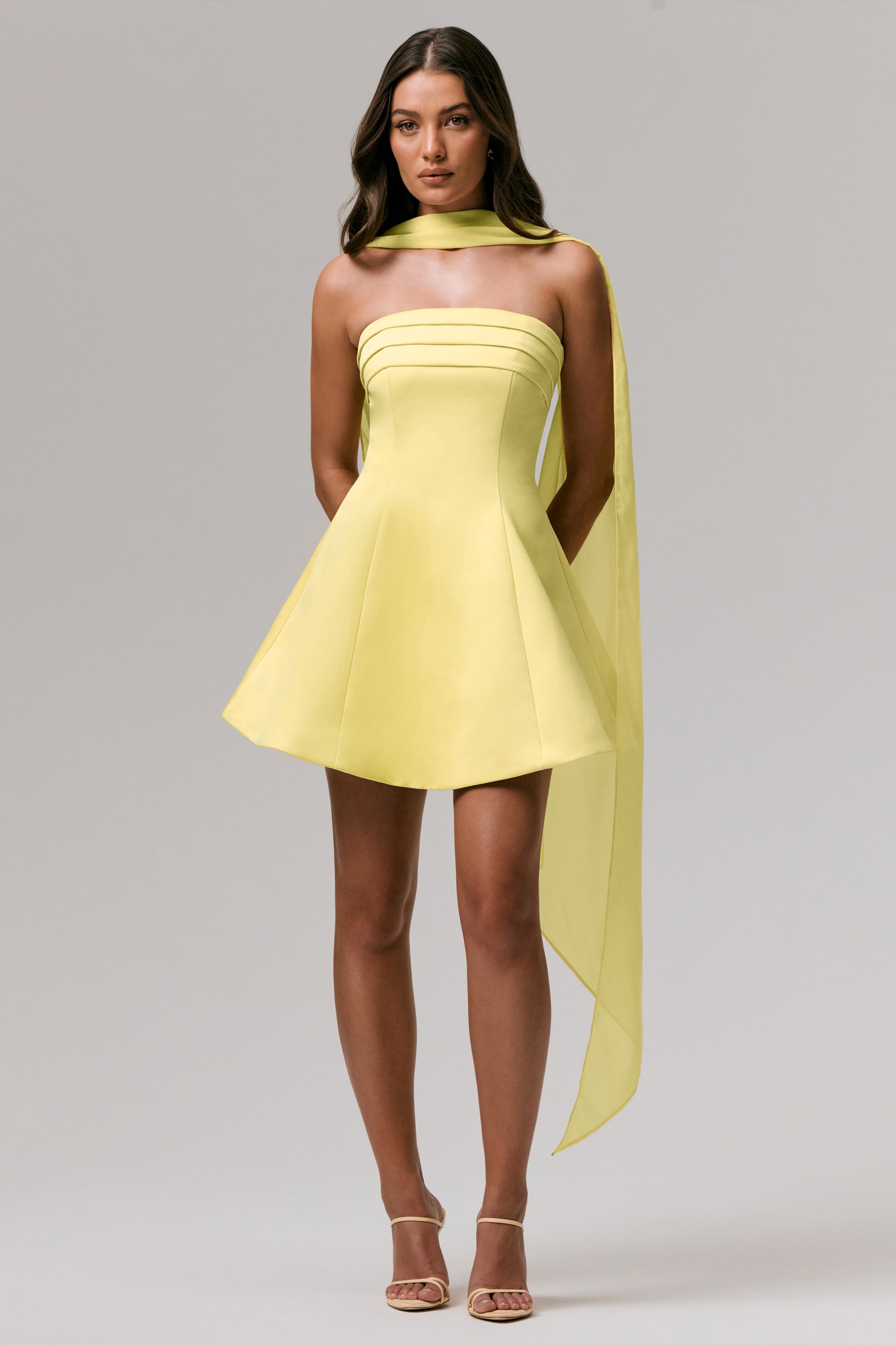Love Me | Lemon Satin Skater Mini Dress With Chiffon Scarf