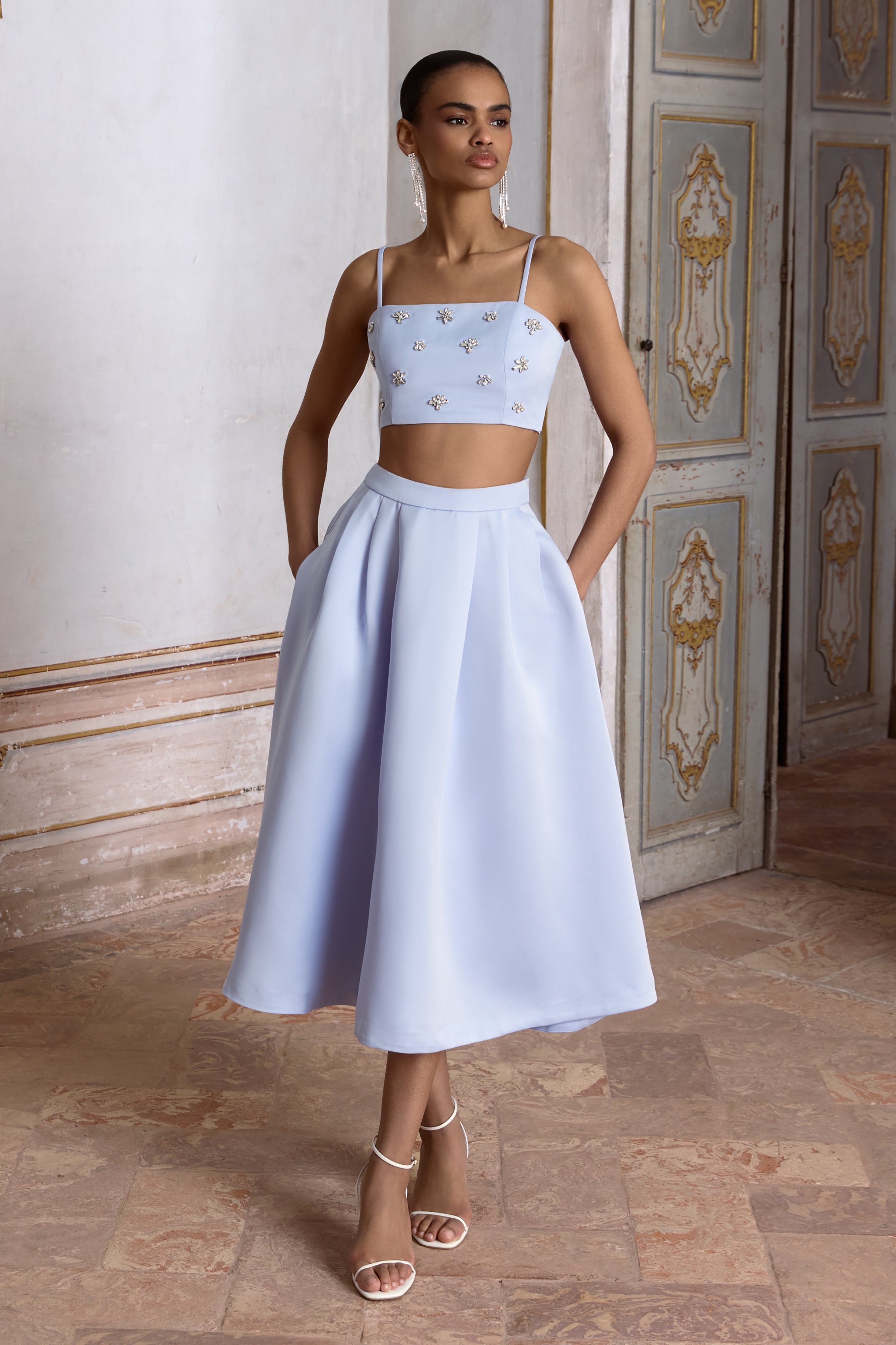 Iris | Blue Satin Pleated Midi Skirt