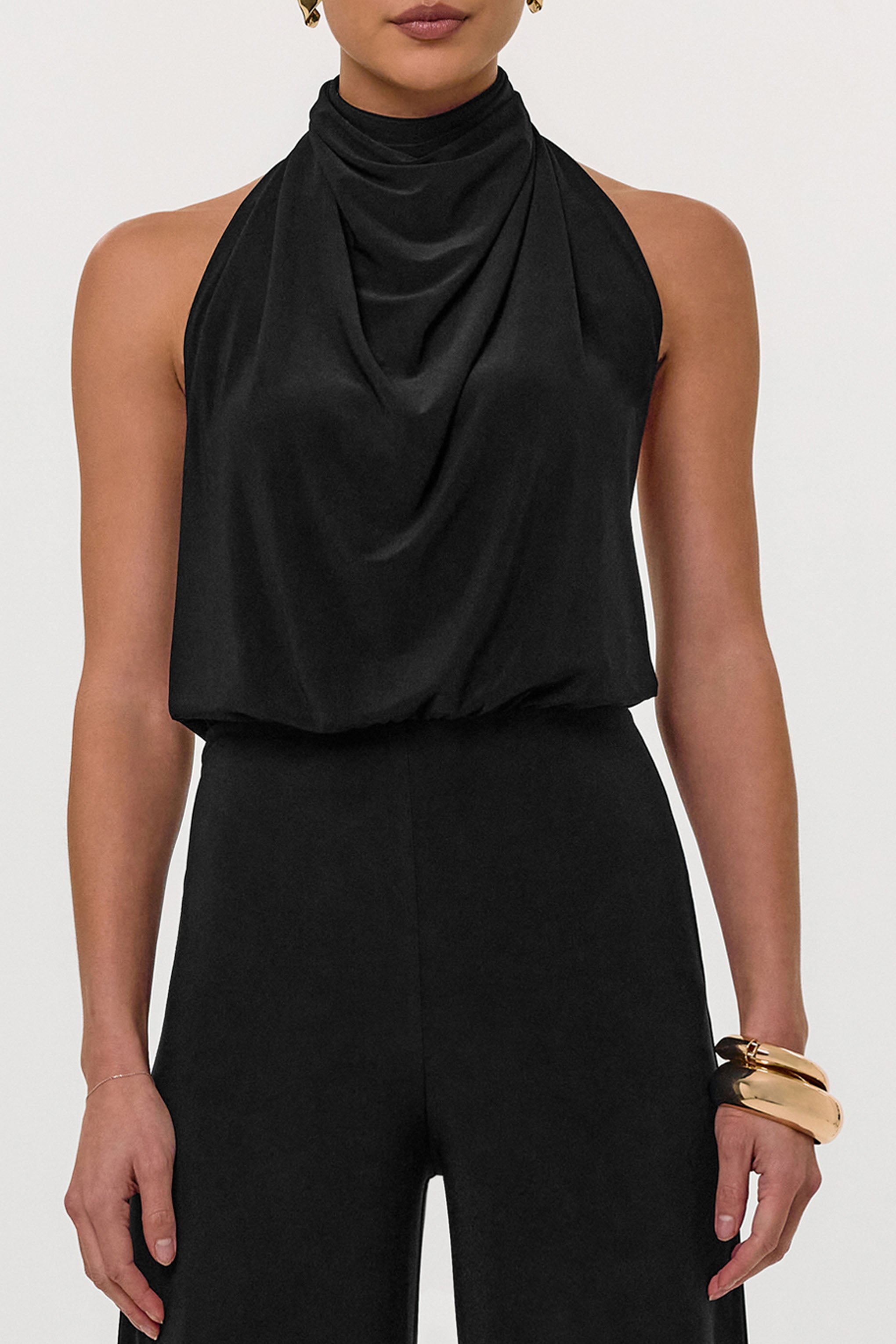 Asha | Black High-Neck Jumpsuit With Ruched Detail
