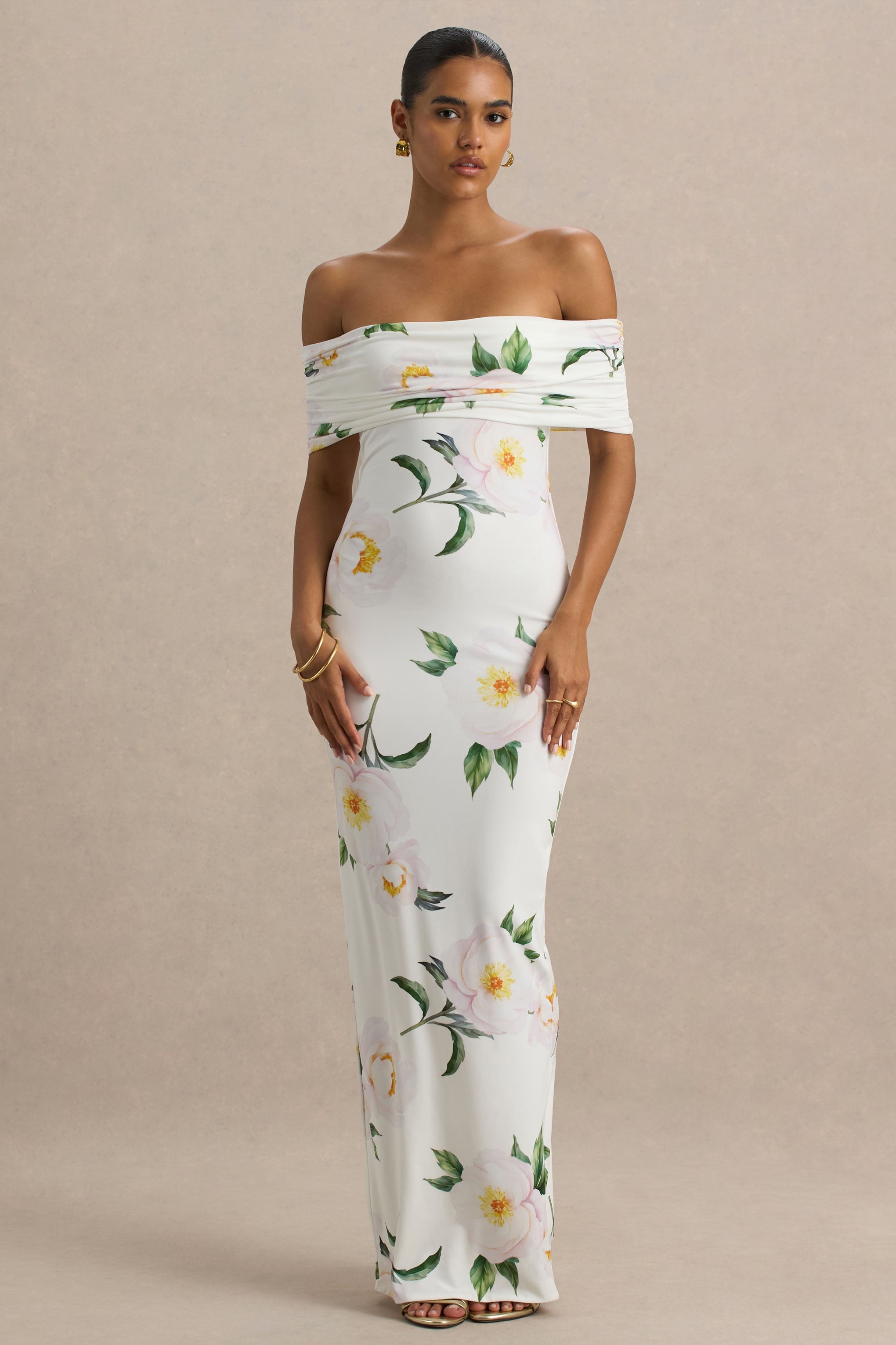 Capri | White Rose Print Bardot-Neck Maxi Dress With Ruched Detailing