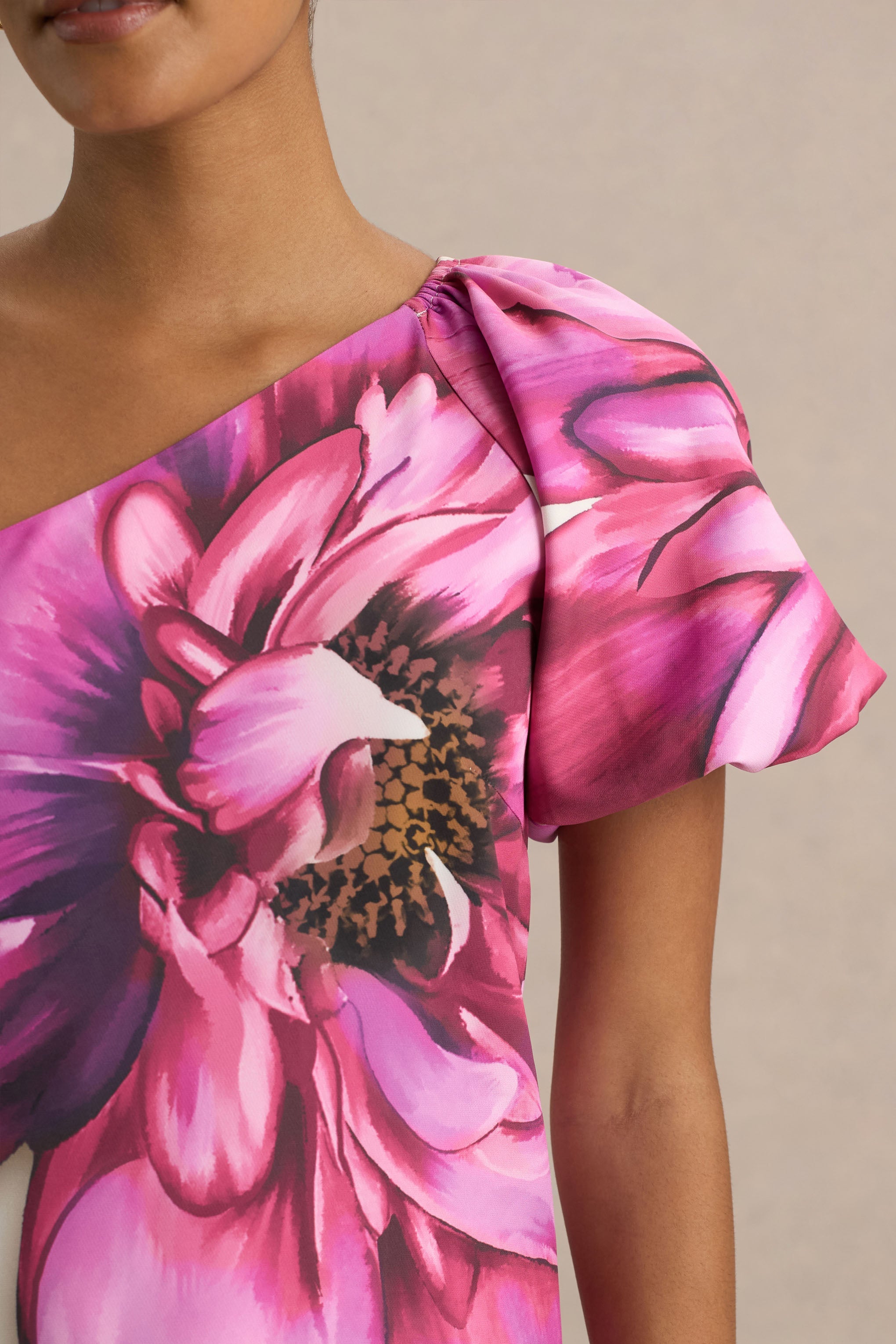 Anastasia | Large Multi-Floral Print Asymmetric-Neck Maxi Dress