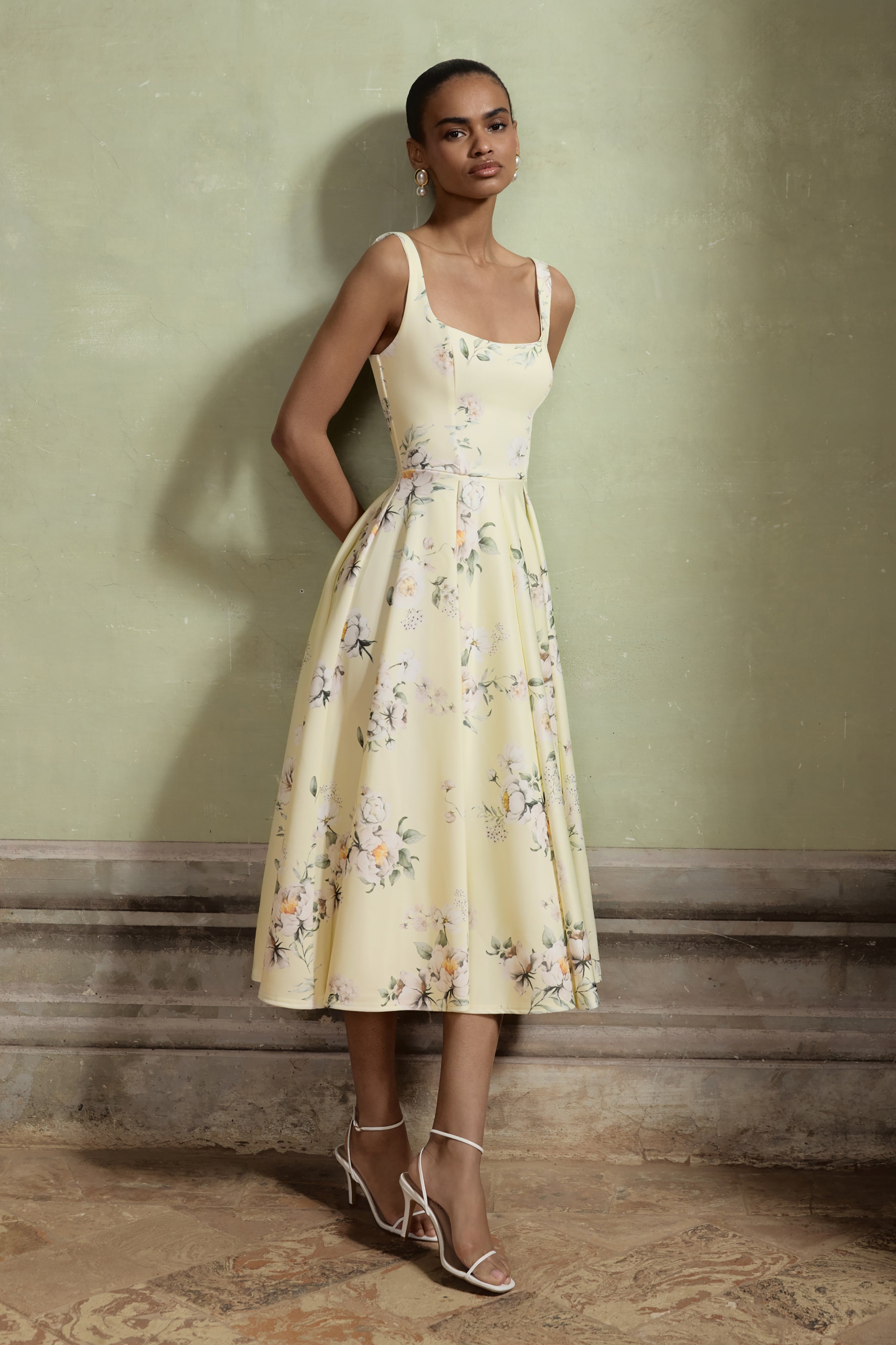 Lissa | Lemon Floral Bouquet Print Square-Neck Midi Dress