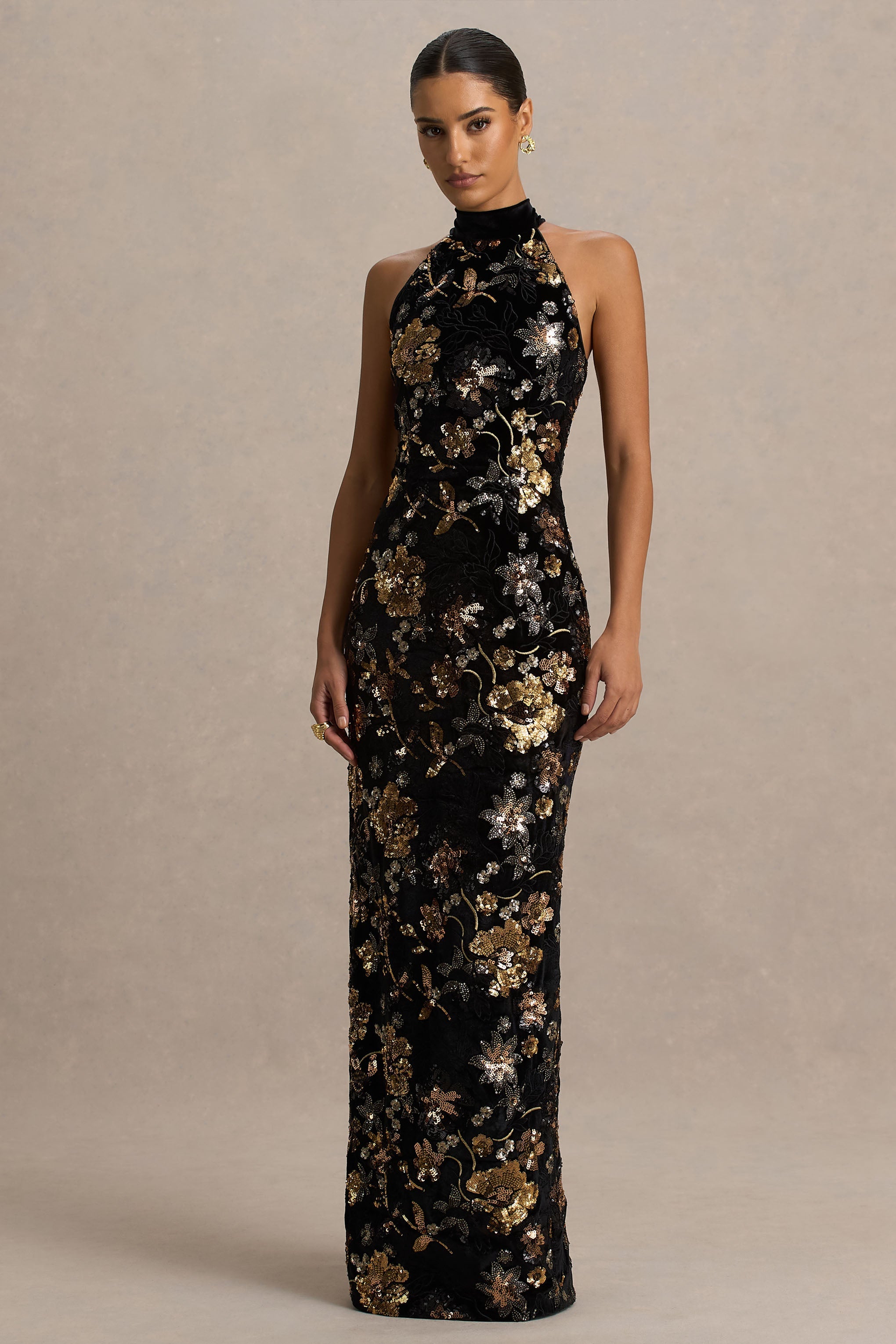 Tate | Black Velvet Halter-Neck Maxi Dress With Bronze Floral Sequin Embellishments