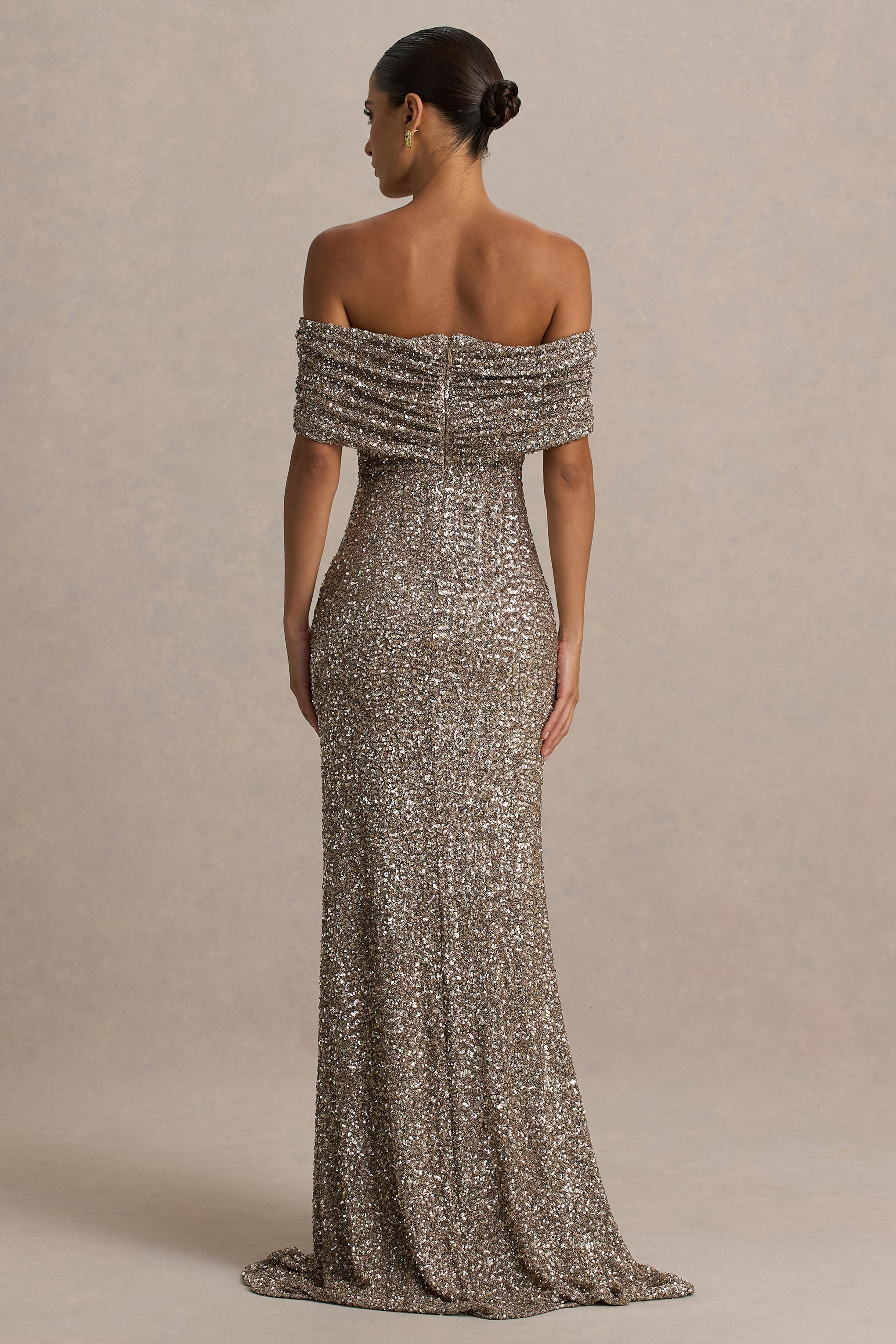 Melina | Champagne Sequin Bardot-Neck Maxi Dress