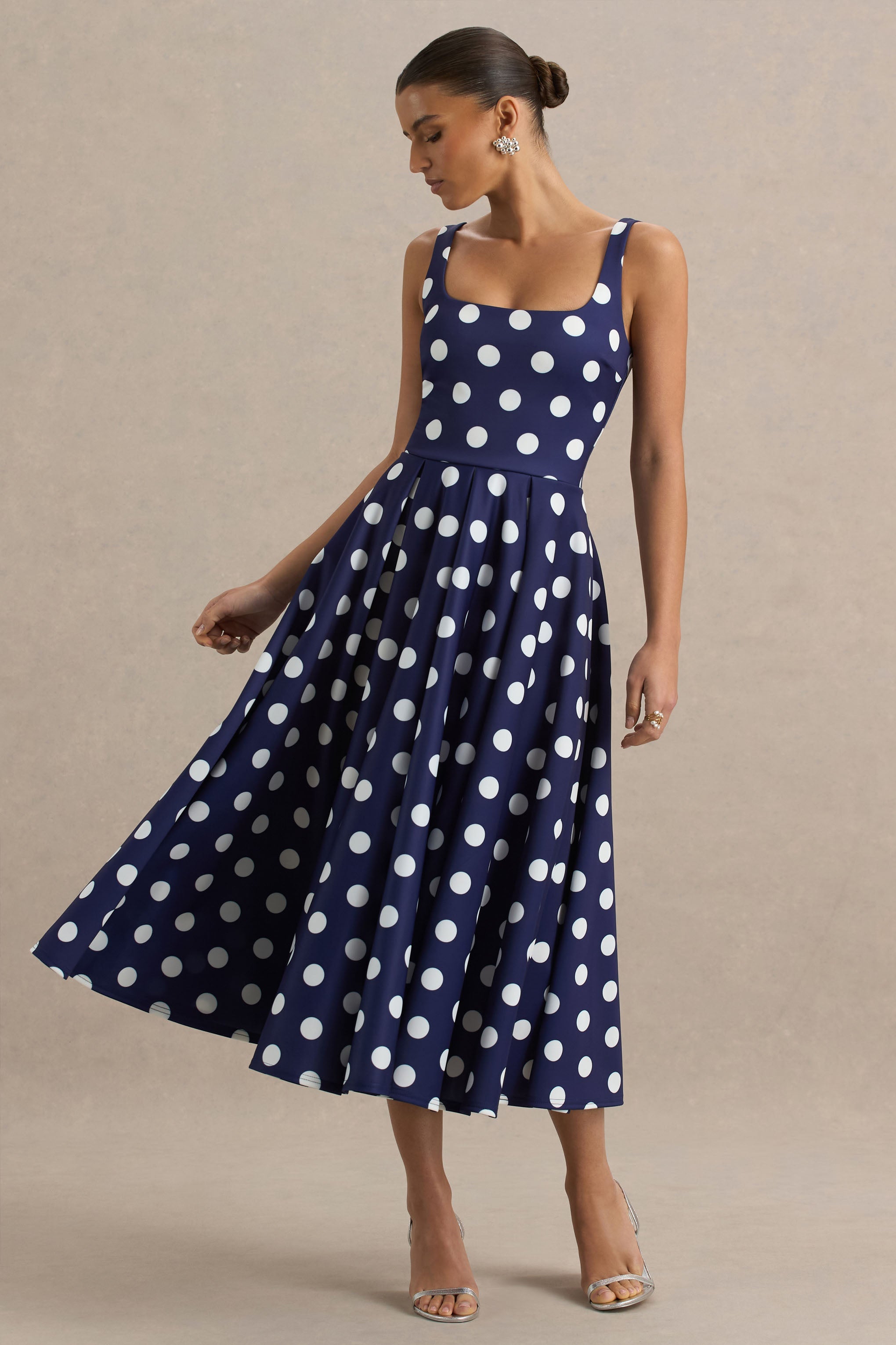 Berta | Navy And White Polka-Dot Square-Neck Midi Dress