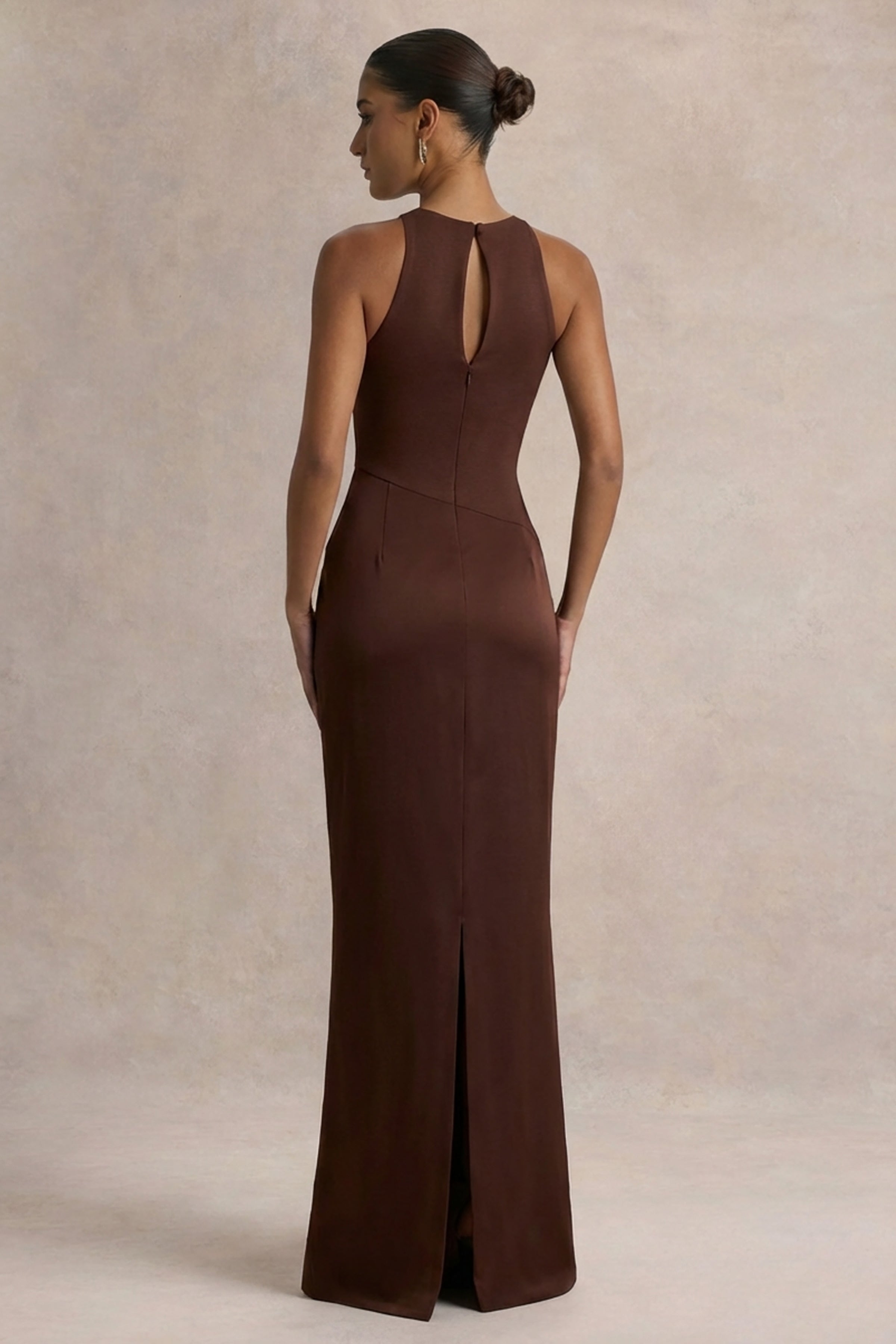 Akari | Brown Crew-Neck Maxi Dress With Satin Skirt
