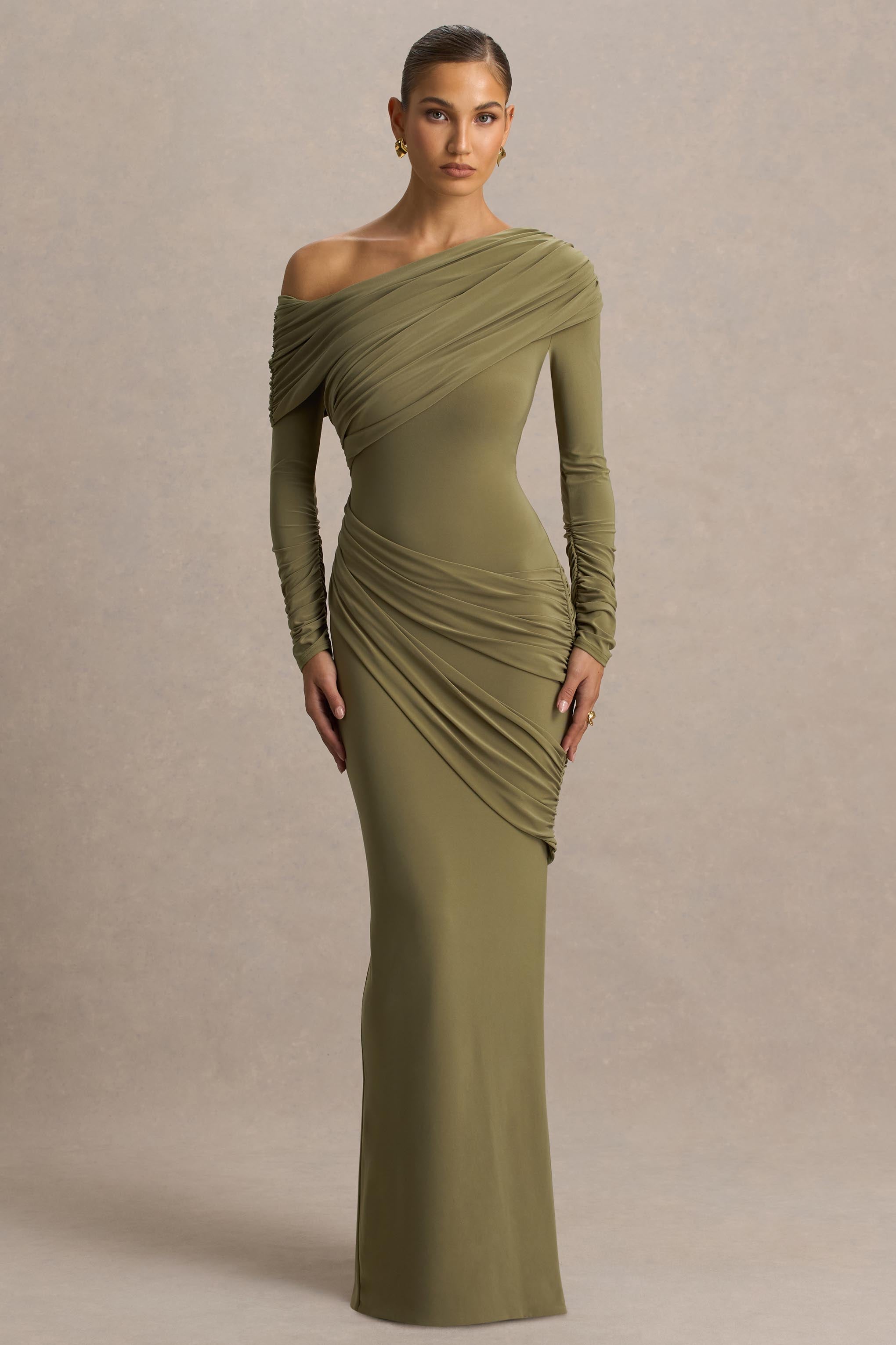 Perrie | Olive Asymmetric-Neck Maxi Dress With Ruched Detailing