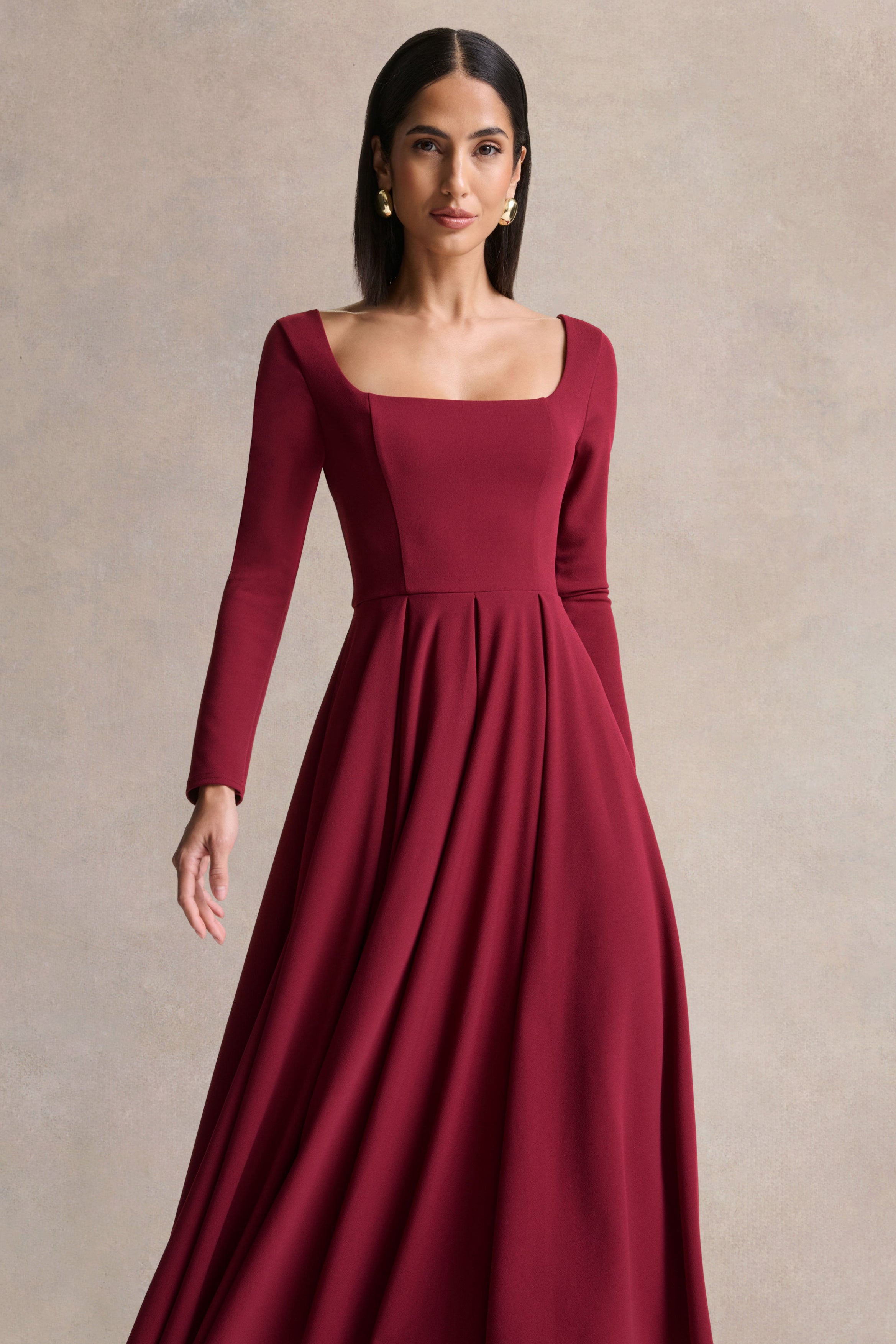Alison | Burgundy Square-Neck A-Line Midi Dress