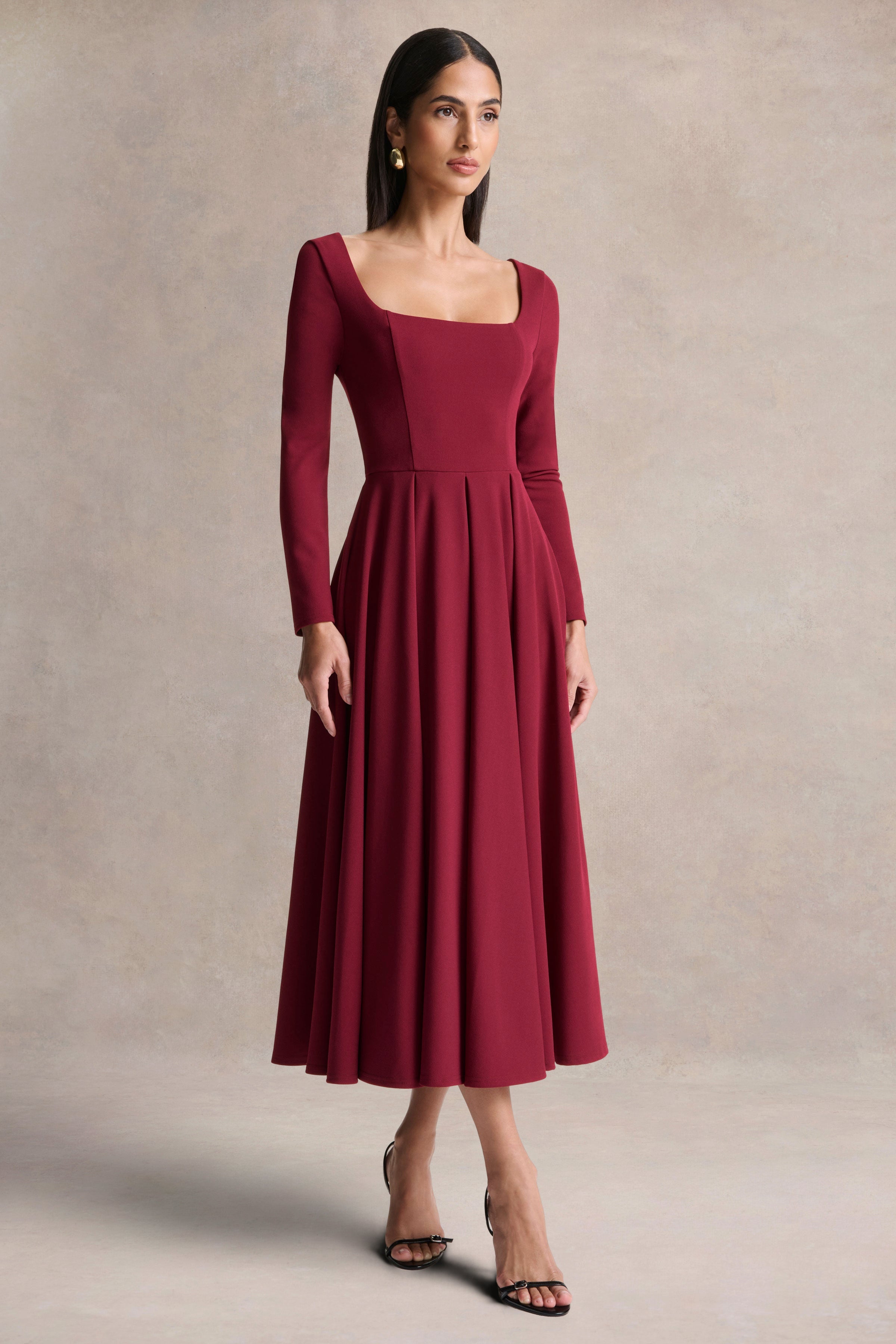 Alison | Burgundy Square-Neck A-Line Midi Dress
