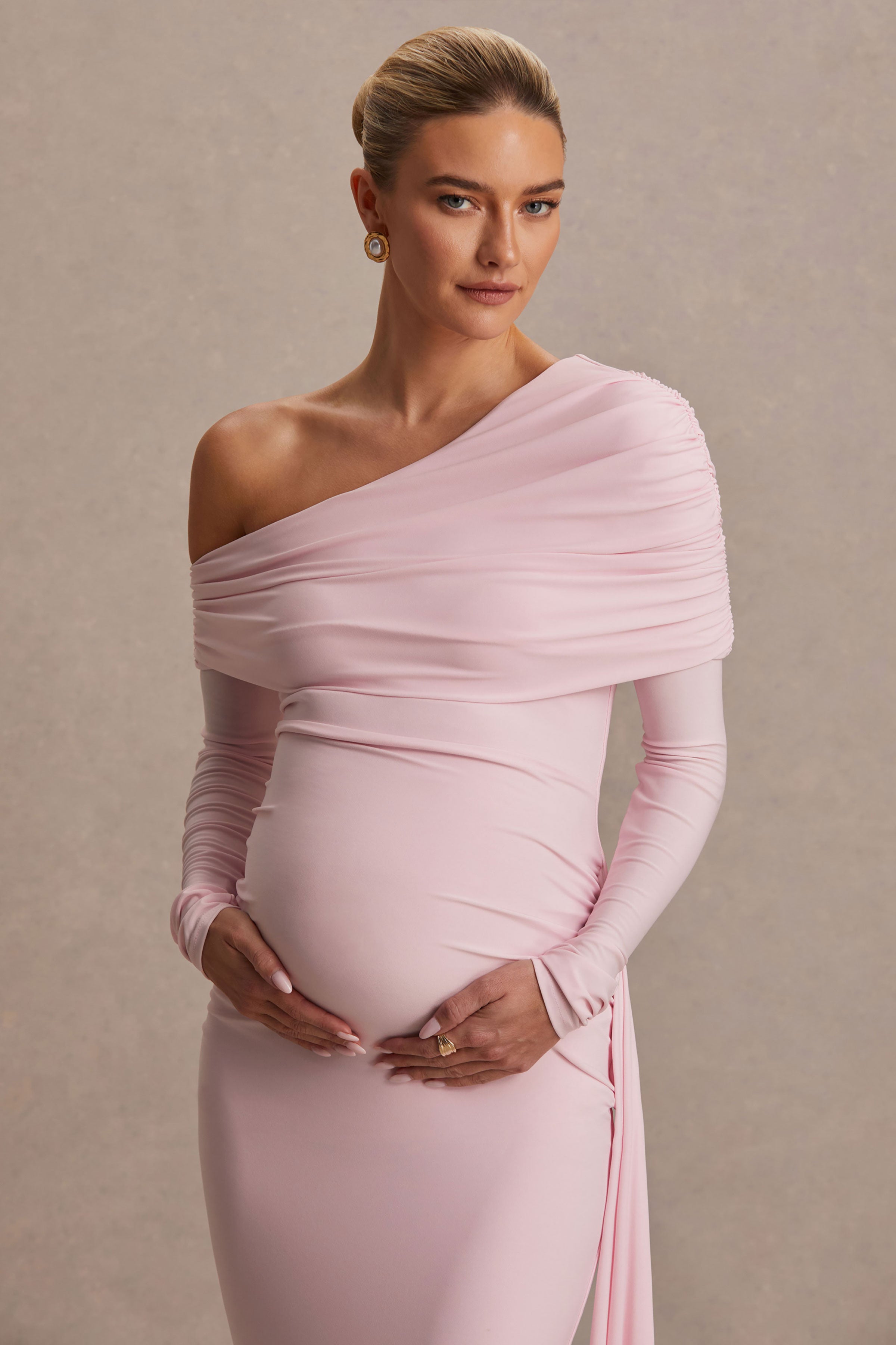 Amara | Blush Pink Asymmetric-Neck Maternity Maxi Dress With Sash Detail