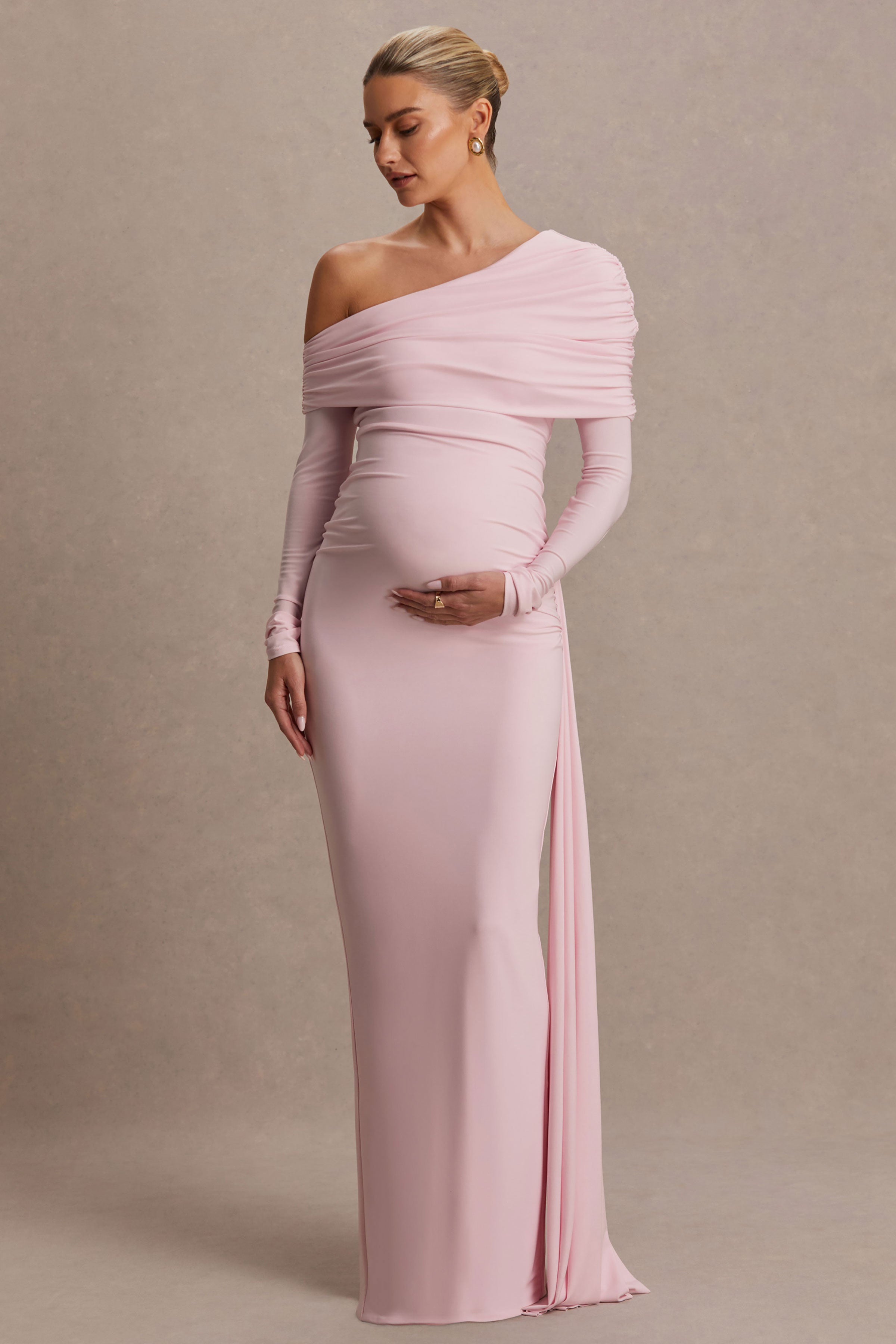 Amara | Blush Pink Asymmetric-Neck Maternity Maxi Dress With Sash Detail