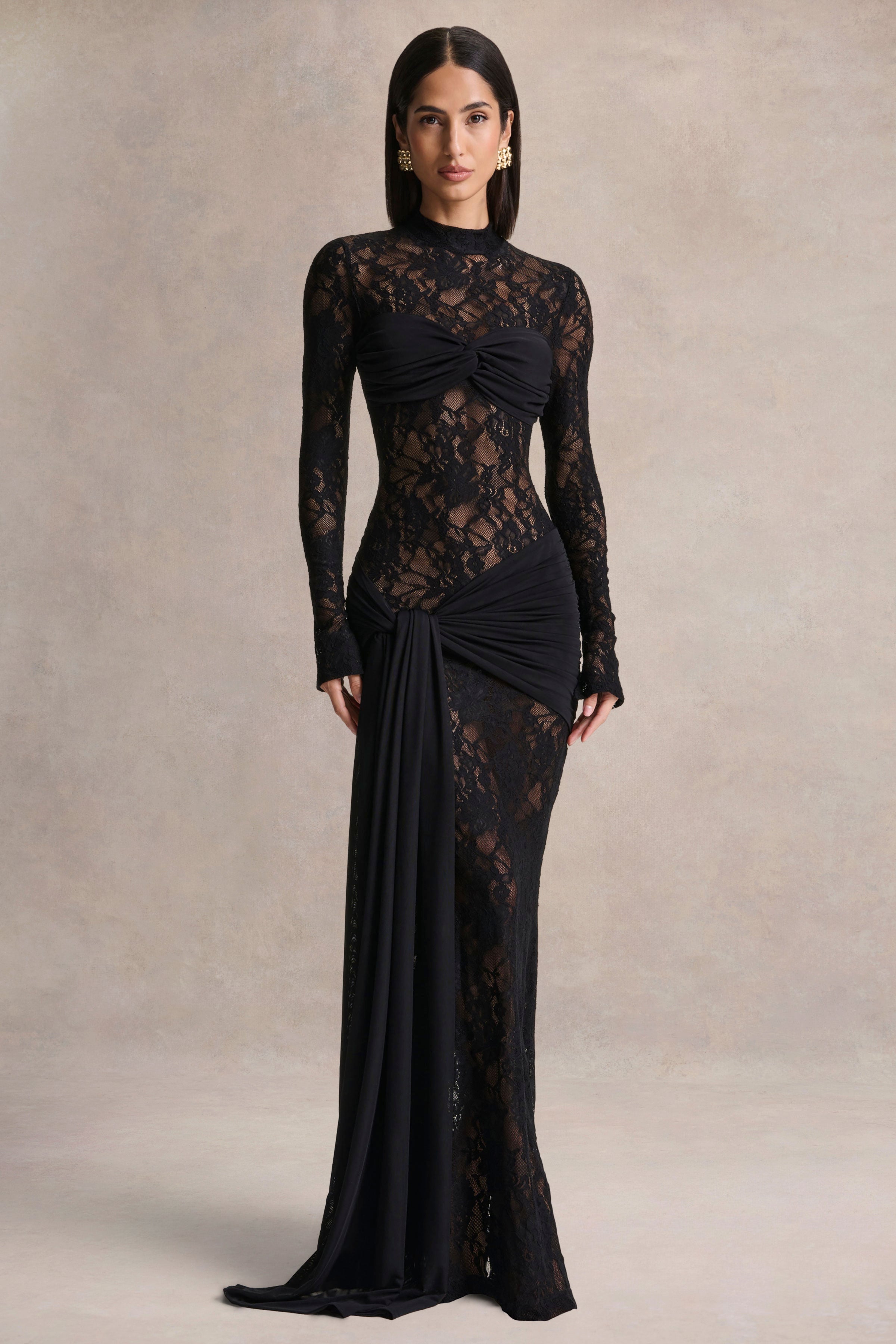 Akira | Black Lace Maxi Dress With Sash-Detail